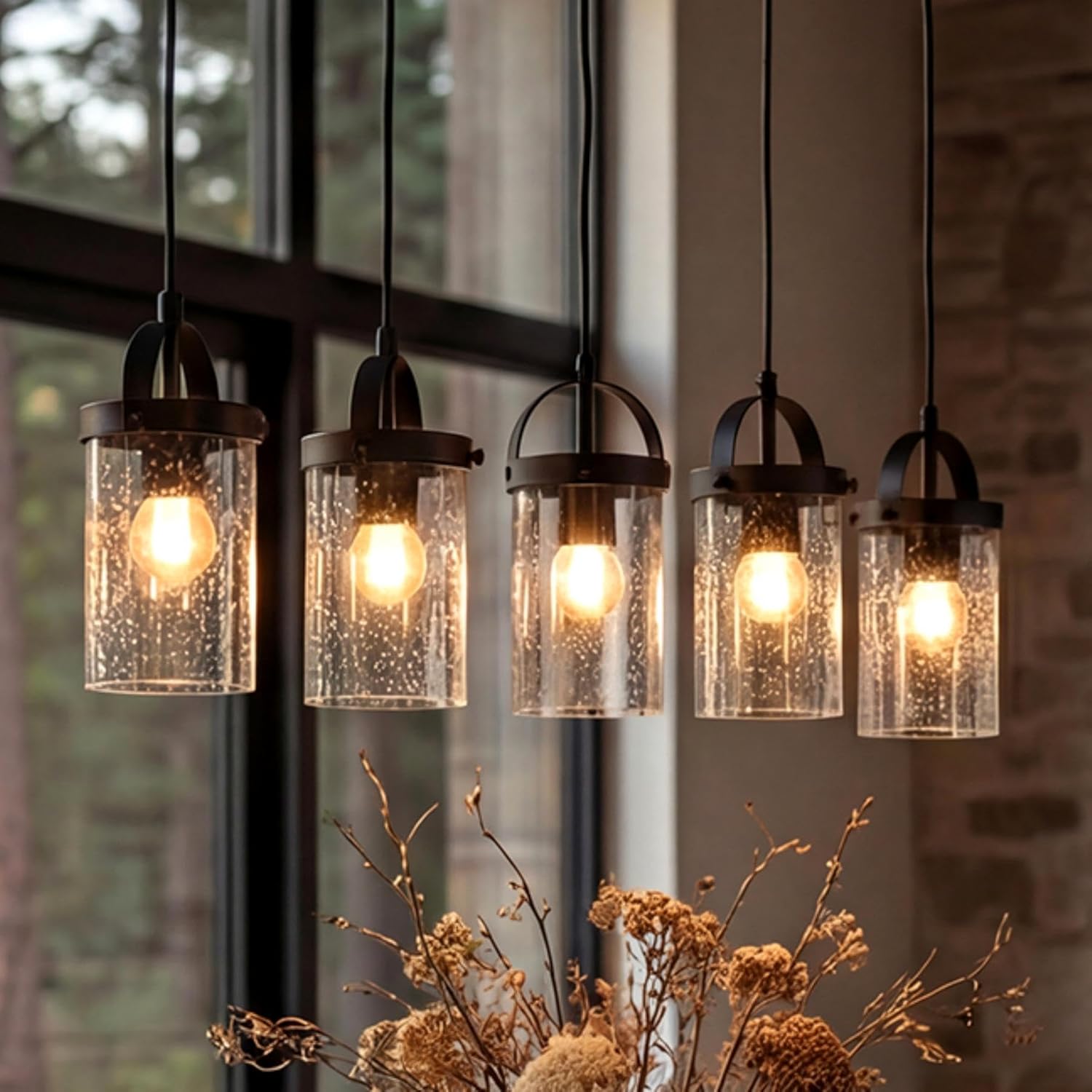 Tribesigns Lampadario lineare nero a 5 luci, lampada per isola cucina con paralumi in vetro soffiato, altezza regolabile, attacco E27