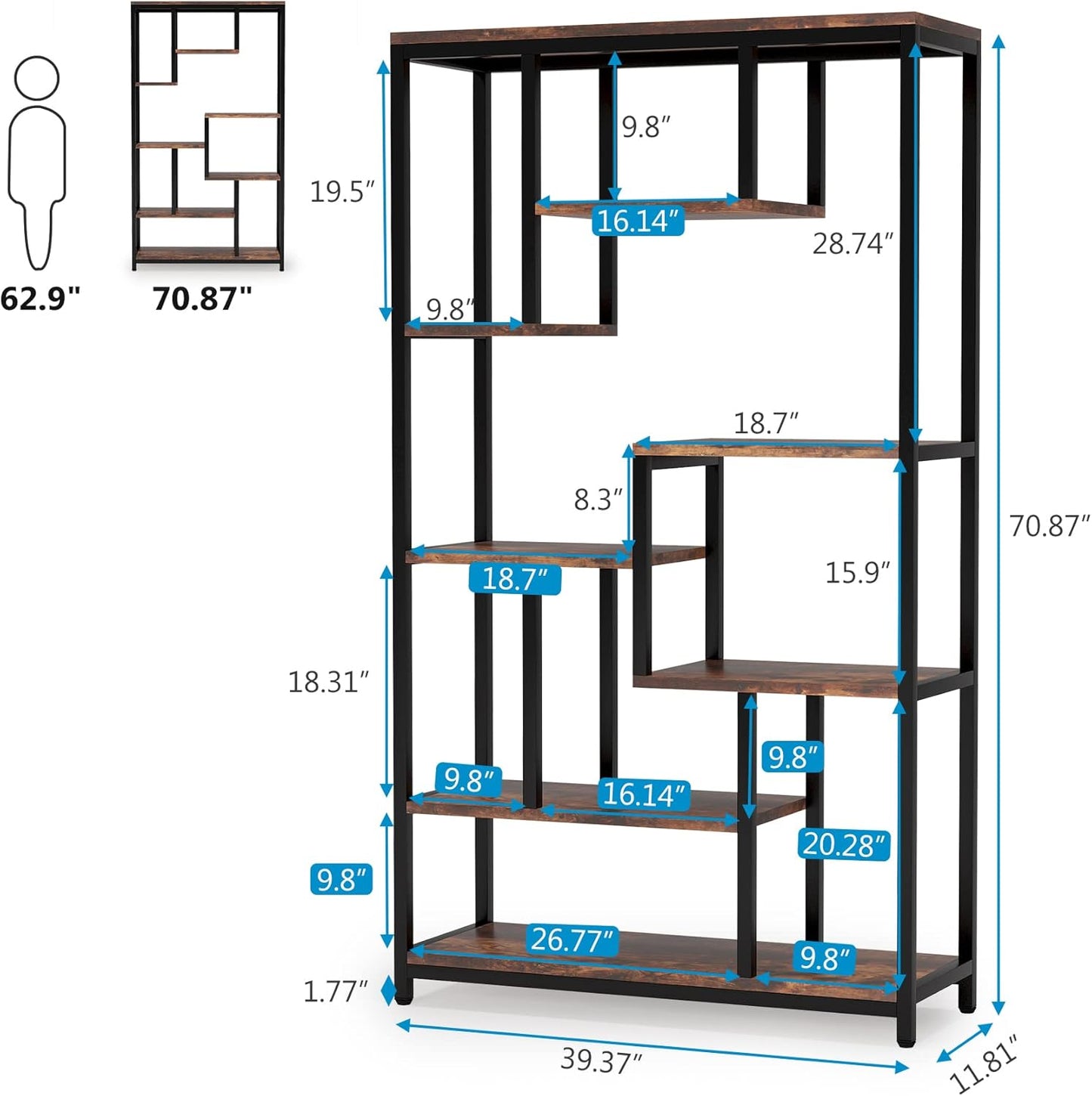 Tribesigns Libreria a 8 ripiani, libreria, Scaffale industriale in legno Scaffalature aperte