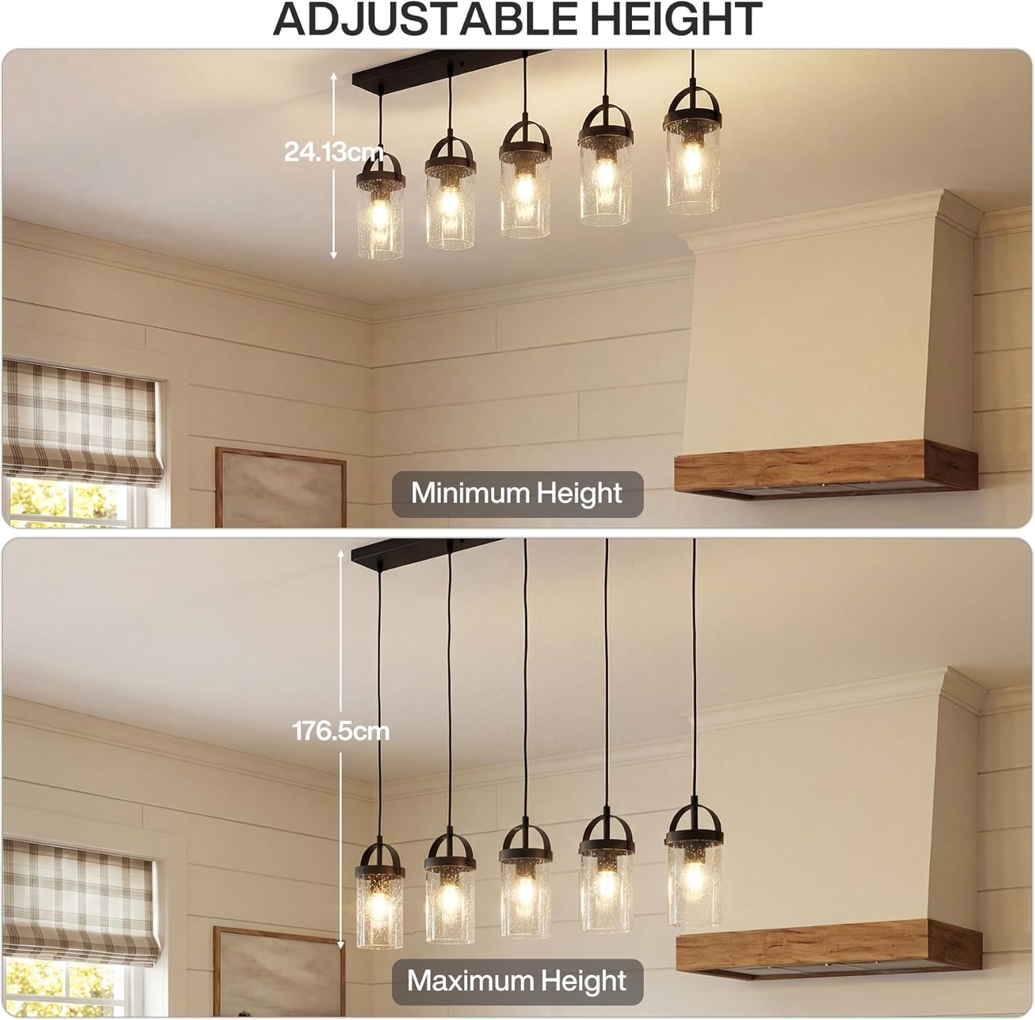 Tribesigns Lampadario lineare nero a 5 luci, lampada per isola cucina con paralumi in vetro soffiato, altezza regolabile, attacco E27