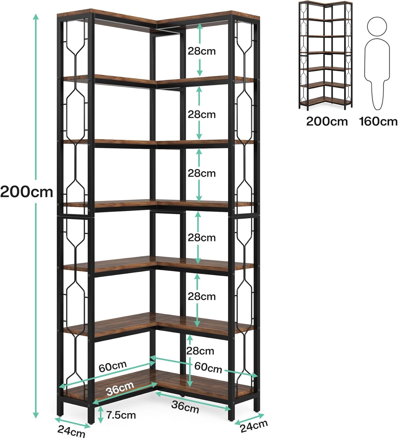 Tribesigns Scaffale Angolare, Libreria Angolare Industriale a 7 livelli Mobile Angolare in Legno e Metallo