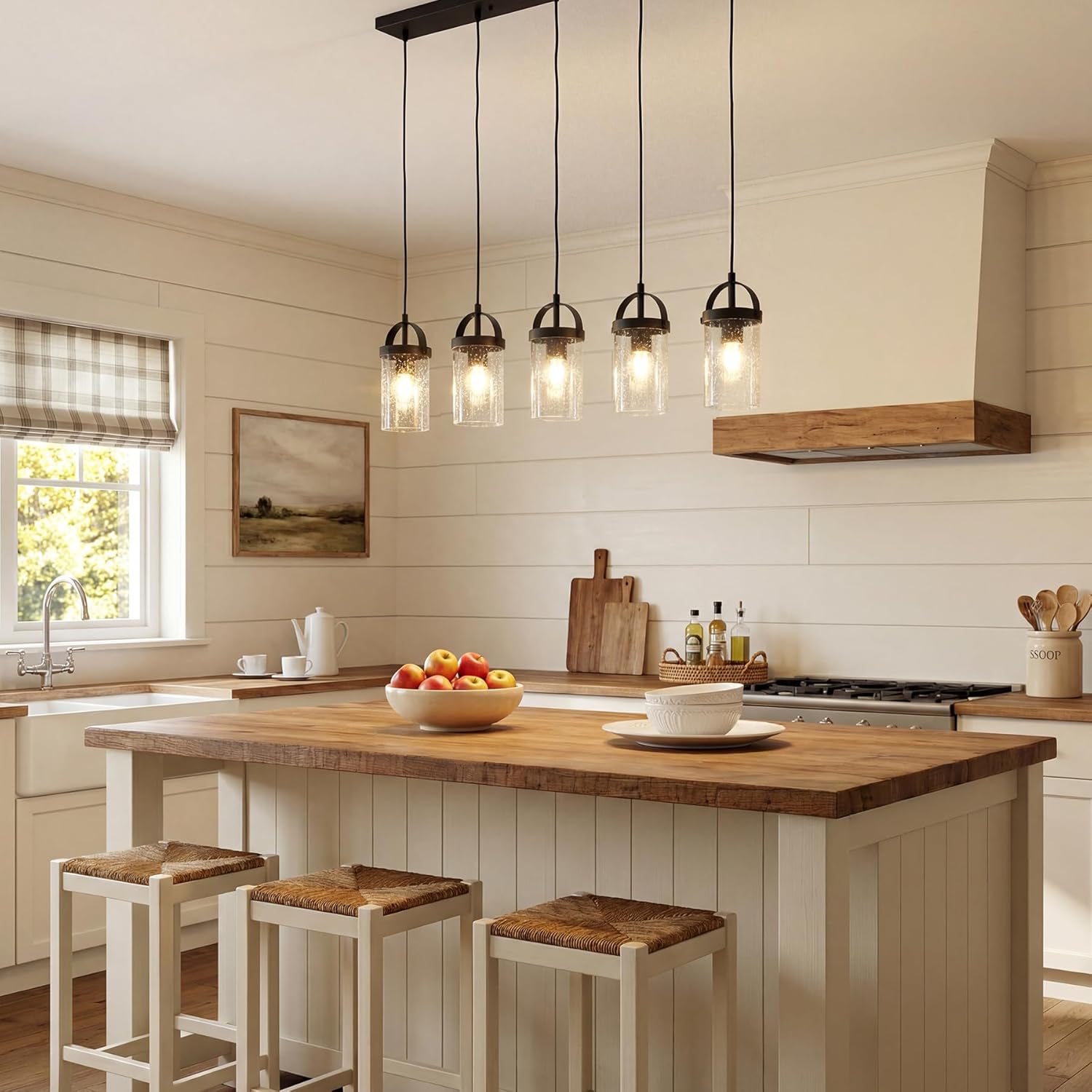 Tribesigns Lampadario lineare nero a 5 luci, lampada per isola cucina con paralumi in vetro soffiato, altezza regolabile, attacco E27