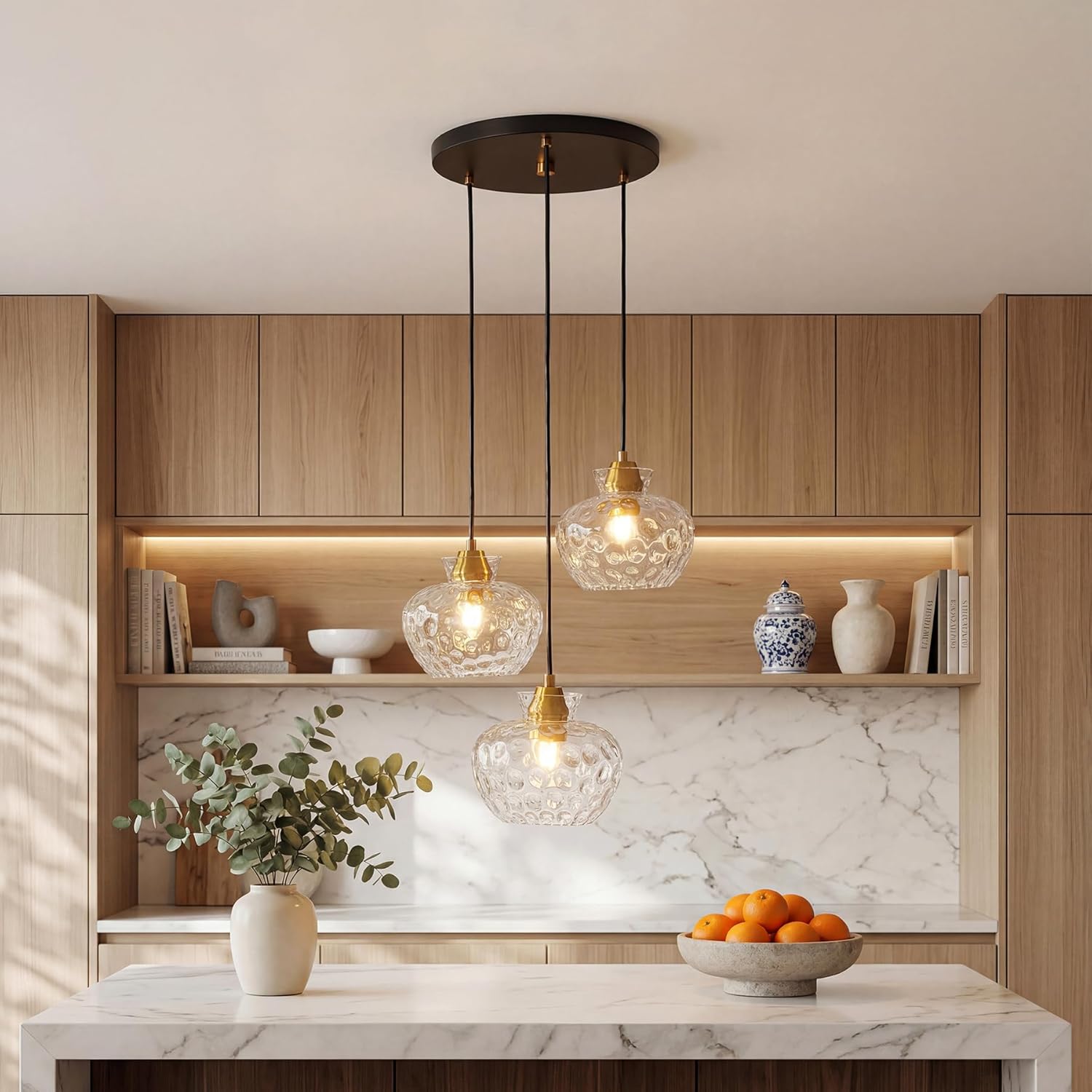 Tribesigns Lampada a Sospensione 3 Luci, Lampadario da Sala da Pranzo con Paralumi in Vetro Ondulato, Altezza Regolabile(Lampadine Non Incluse)