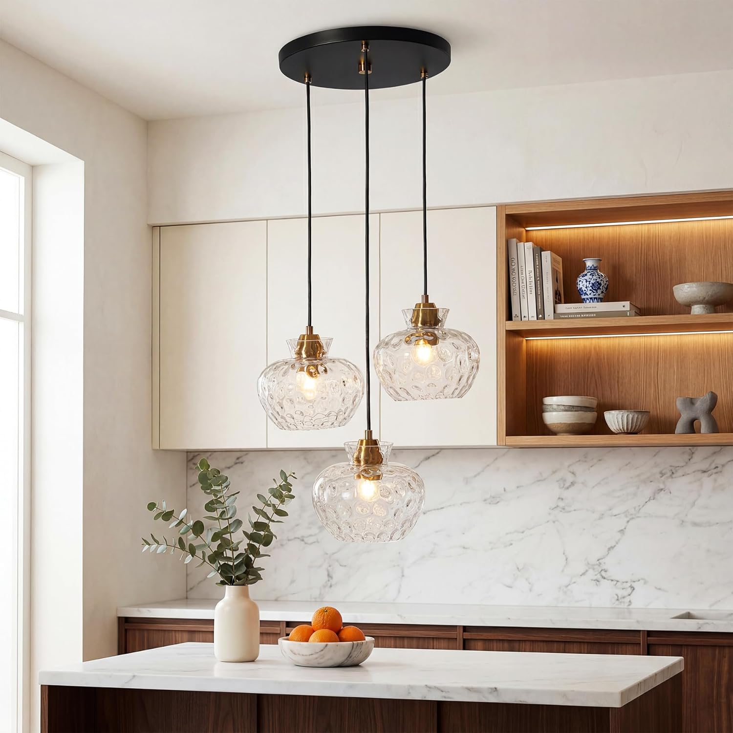 Tribesigns Lampada a Sospensione 3 Luci, Lampadario da Sala da Pranzo con Paralumi in Vetro Ondulato, Altezza Regolabile(Lampadine Non Incluse)