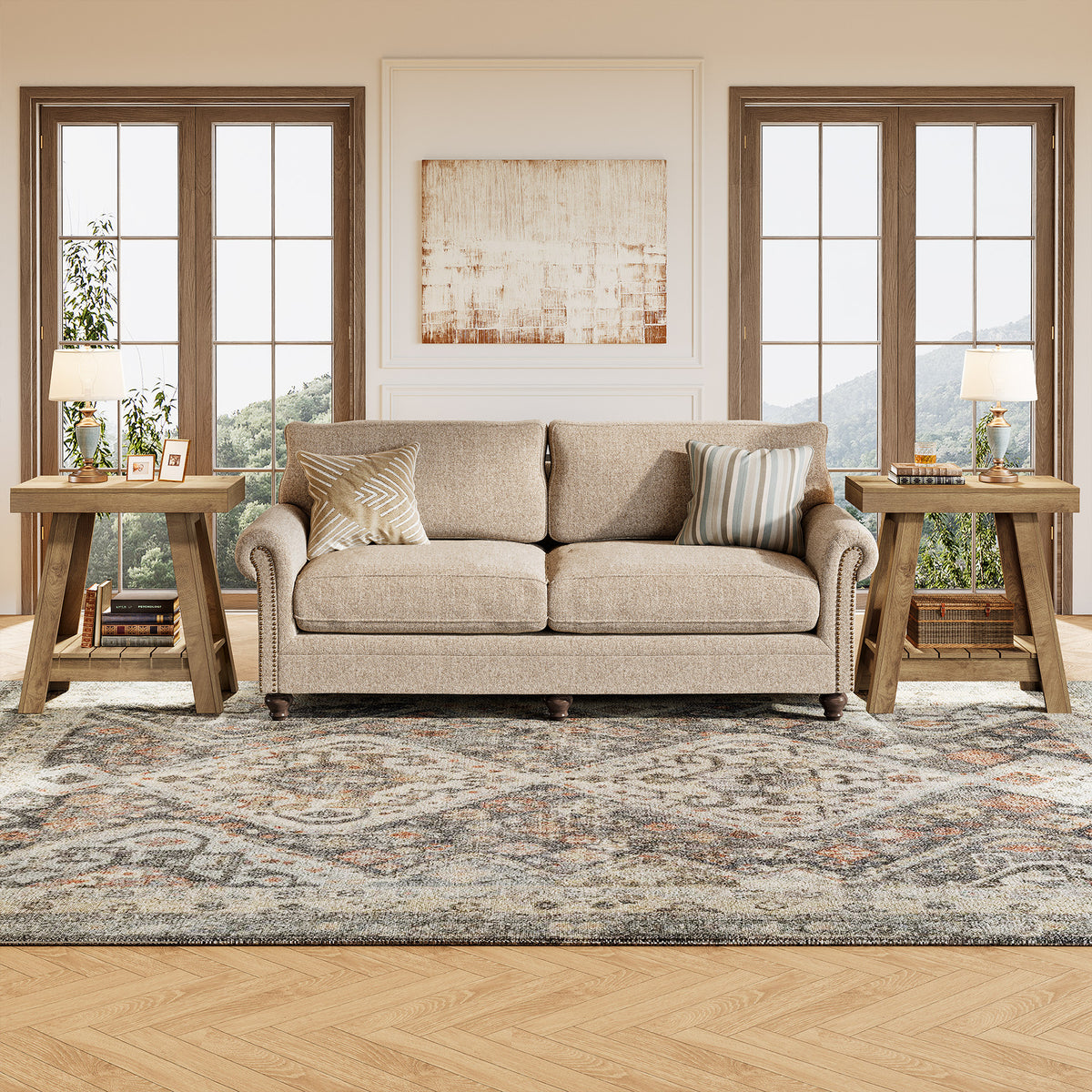 Tavolino Laterale Country a 2 Ripiani con Base Trapezoidale, 60 cm, per Soggiorno