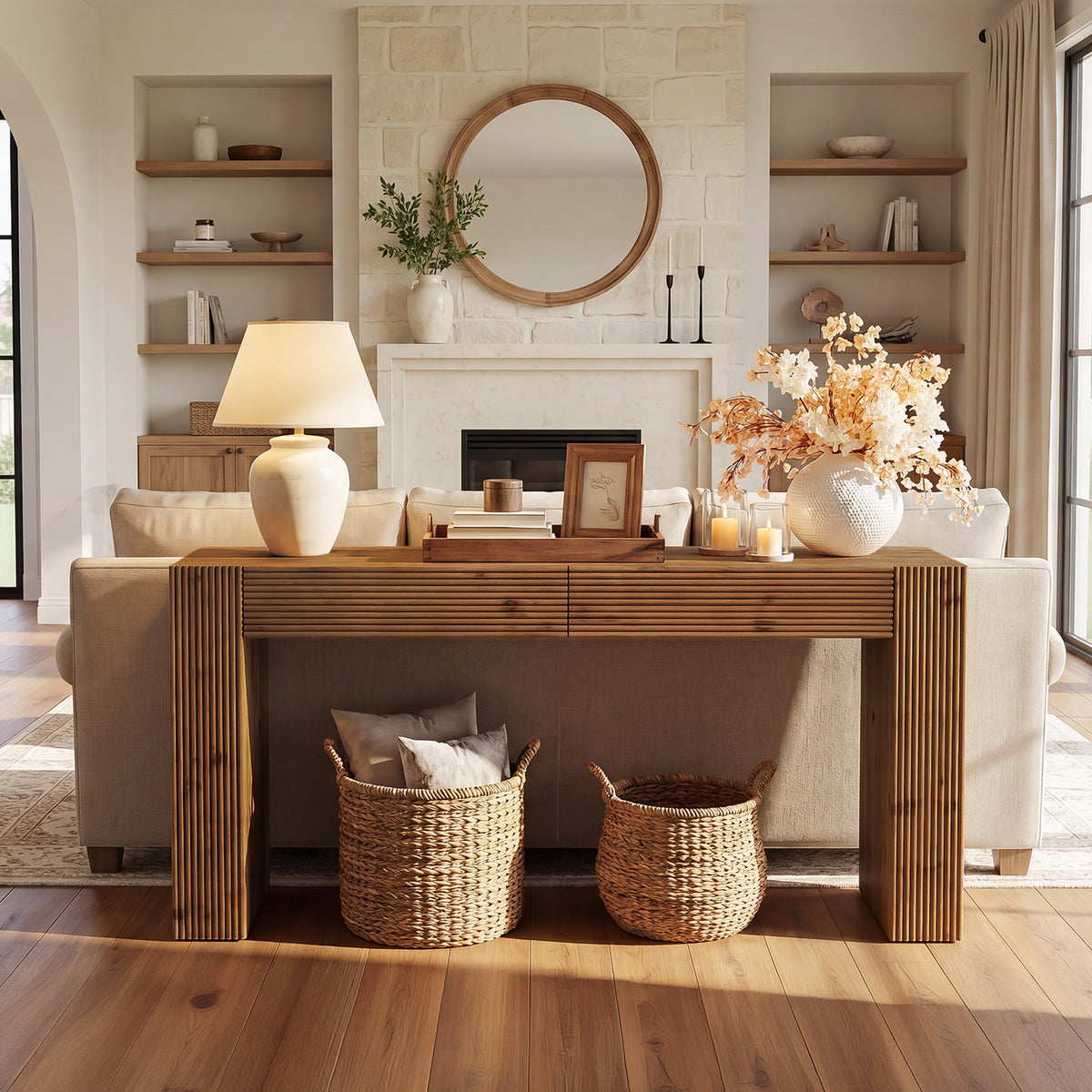Consolle Country in Legno Massello con 2 Cassetti e Scanalature, 160 cm, per Ingresso