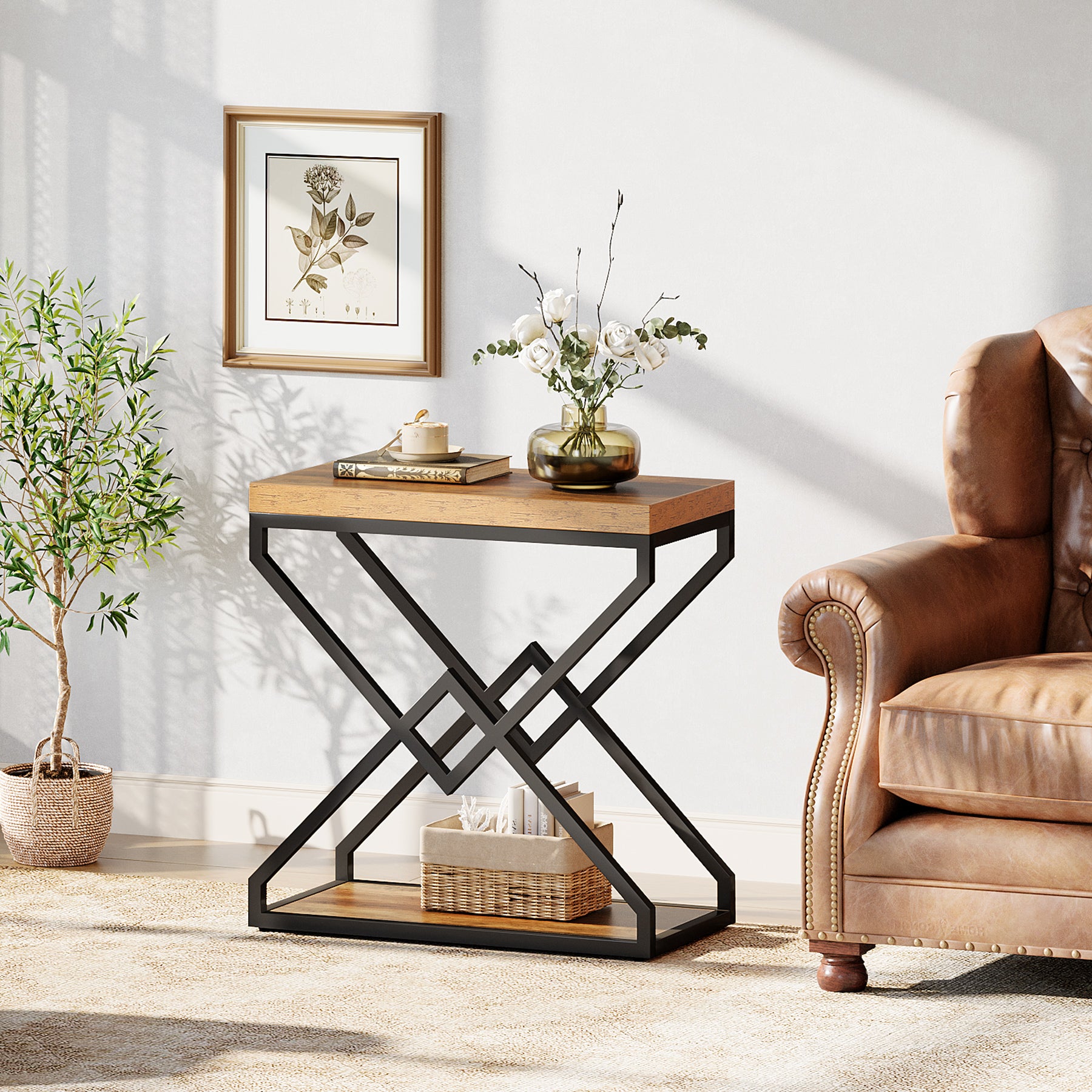 Tribesigns Tavolino laterale da 60 cm, tavolino a 2 ripiani con struttura in metallo a X