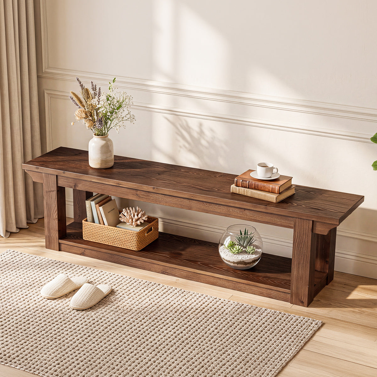 Panca Country in Legno Massello a 2 Ripiani Portascarpe, 160 cm, per Ingresso