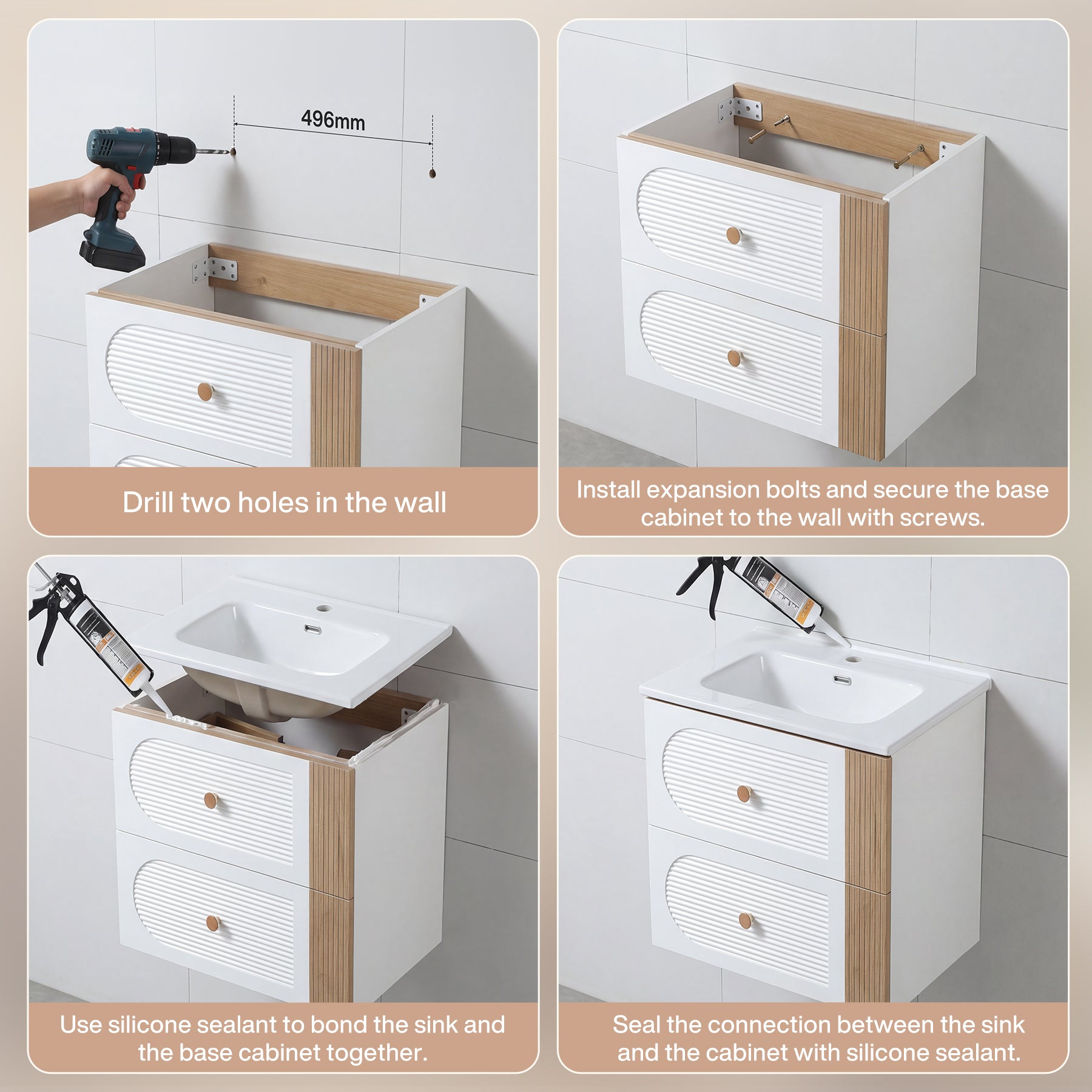 Tribesigns Mobile bagno con lavabo in ceramica da 60 cm, bianco, sospeso, 2 cassetti