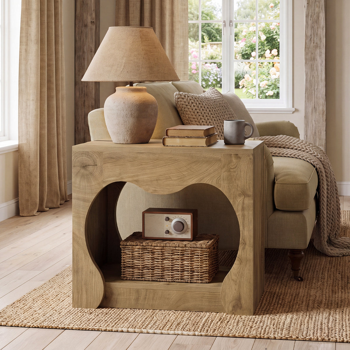 Tavolino Laterale Country a 2 Ripiani con Design Traforato Curvato, 70 cm