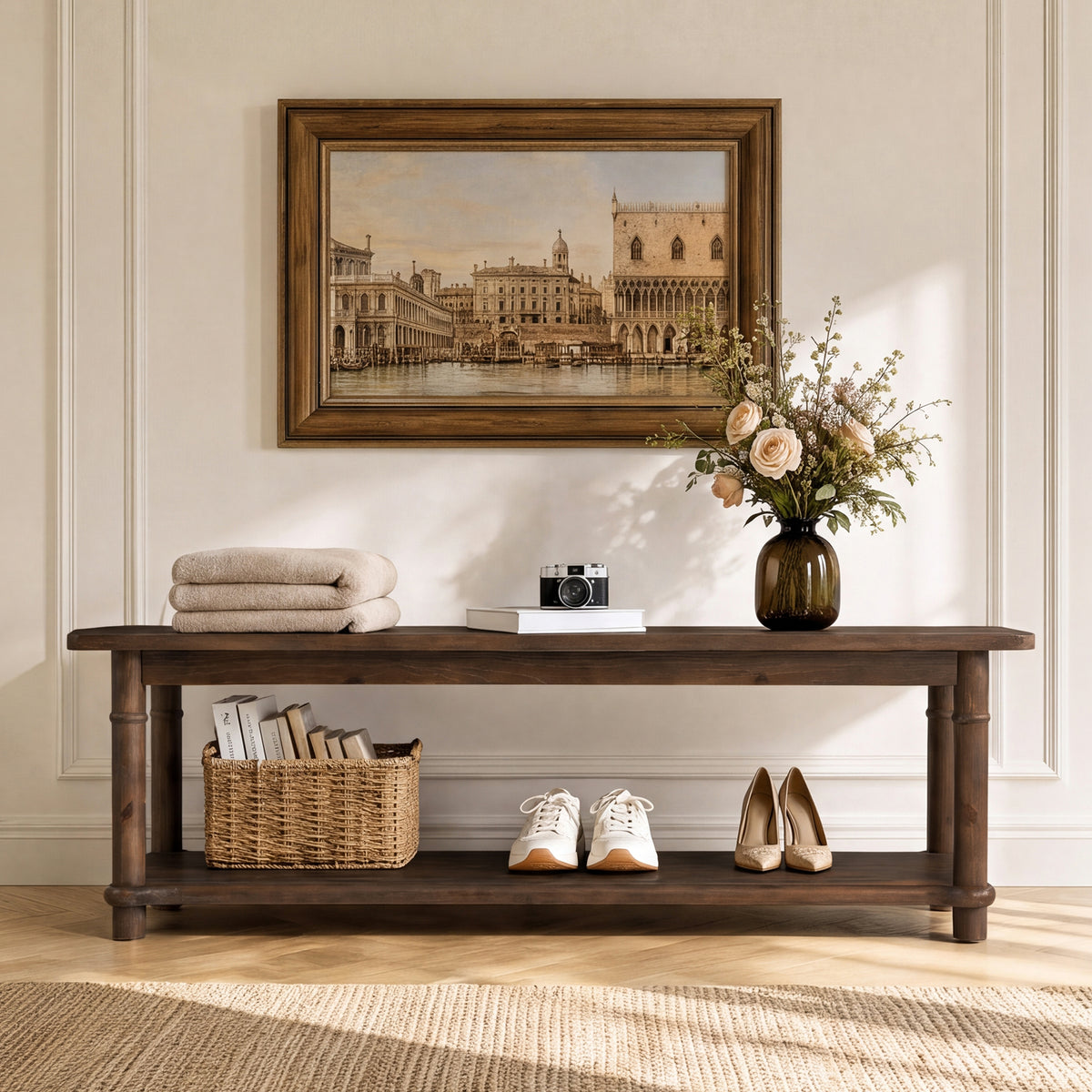 Panca Country in Legno Massello a 2 Ripiani, 140 cm, per Cucina e Sala da Pranzo