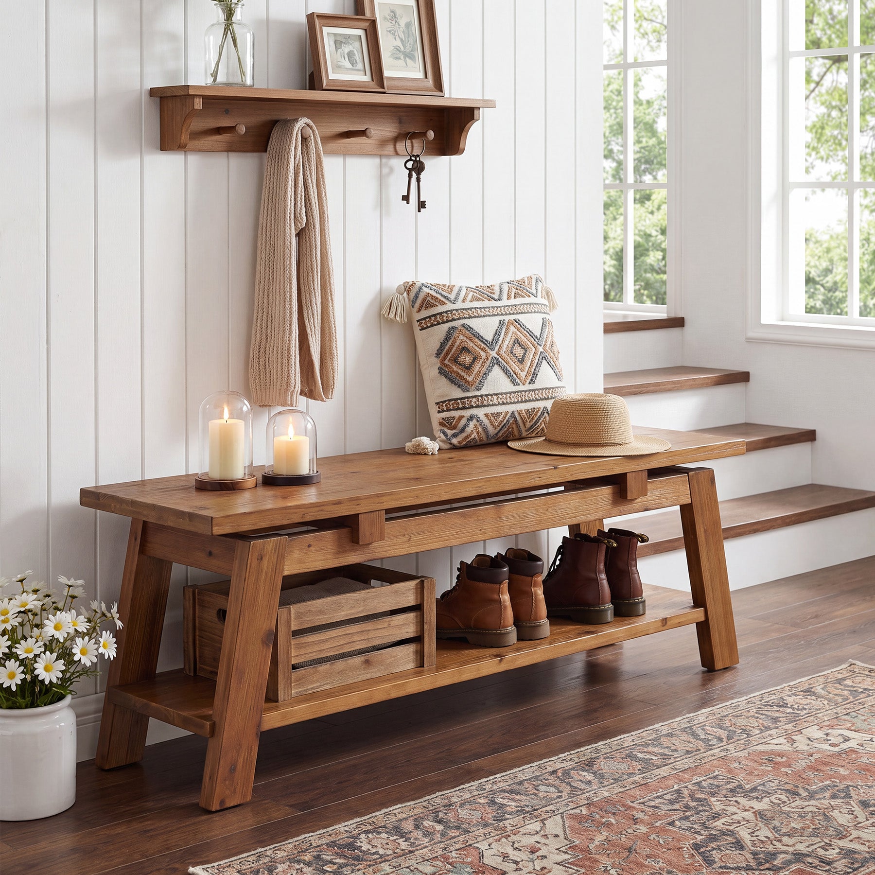 Tribesigns Panca in legno massello da 140 cm con ripiano porta scarpe, ideale per l'ingresso