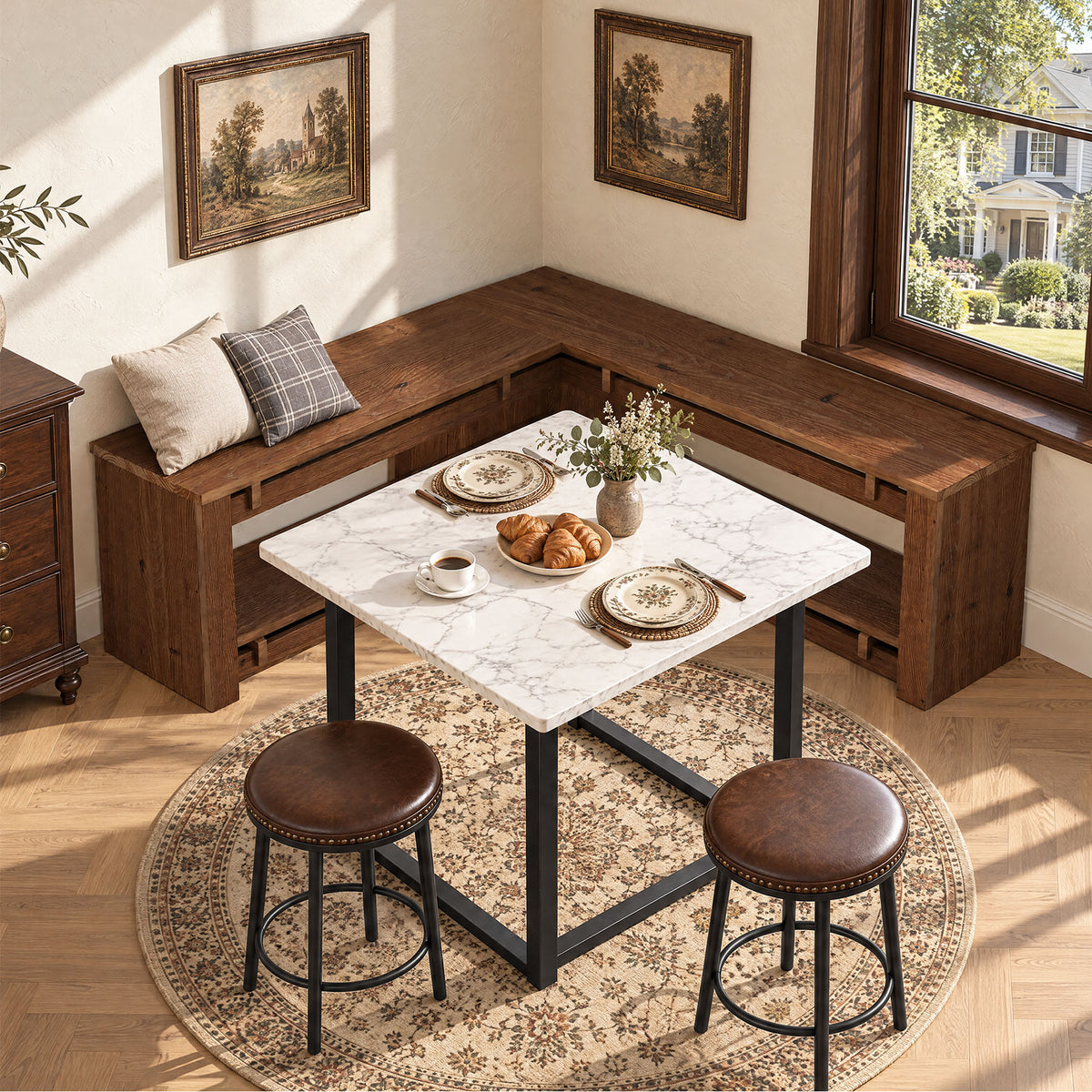 Panca Angolare a L Rustica in Legno Massello con Ripiano, 120 cm, per Cucina