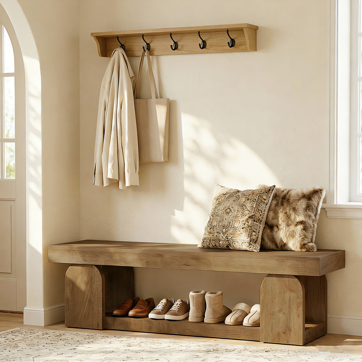 Panca Portascarpe Country con Ripiano, 160 cm, per Ingresso e Camera da Letto