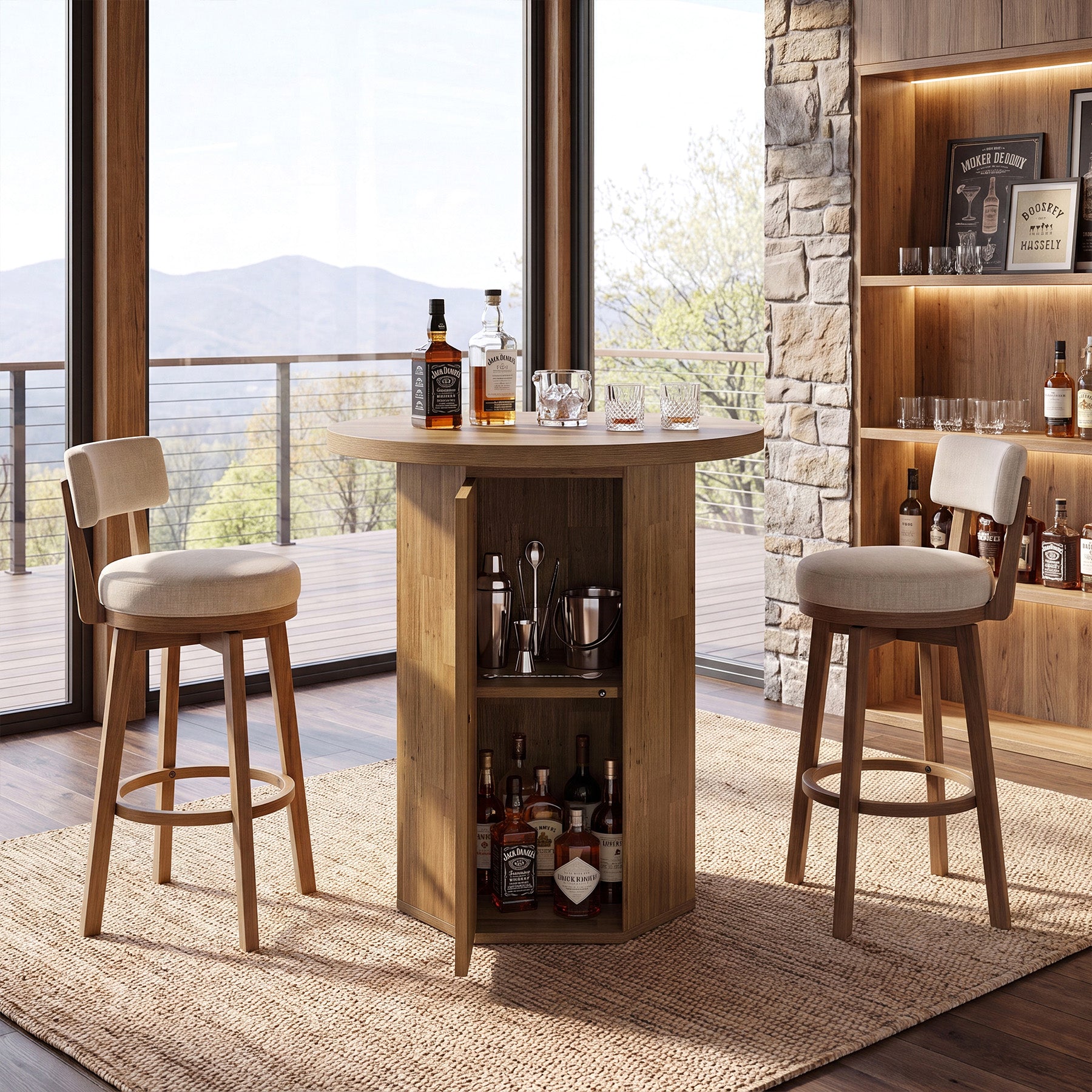 Tavolo da Bar Alto Rotondo Country con Vano Contenitore, Ø 80 cm, per Cucina e Soggiorno