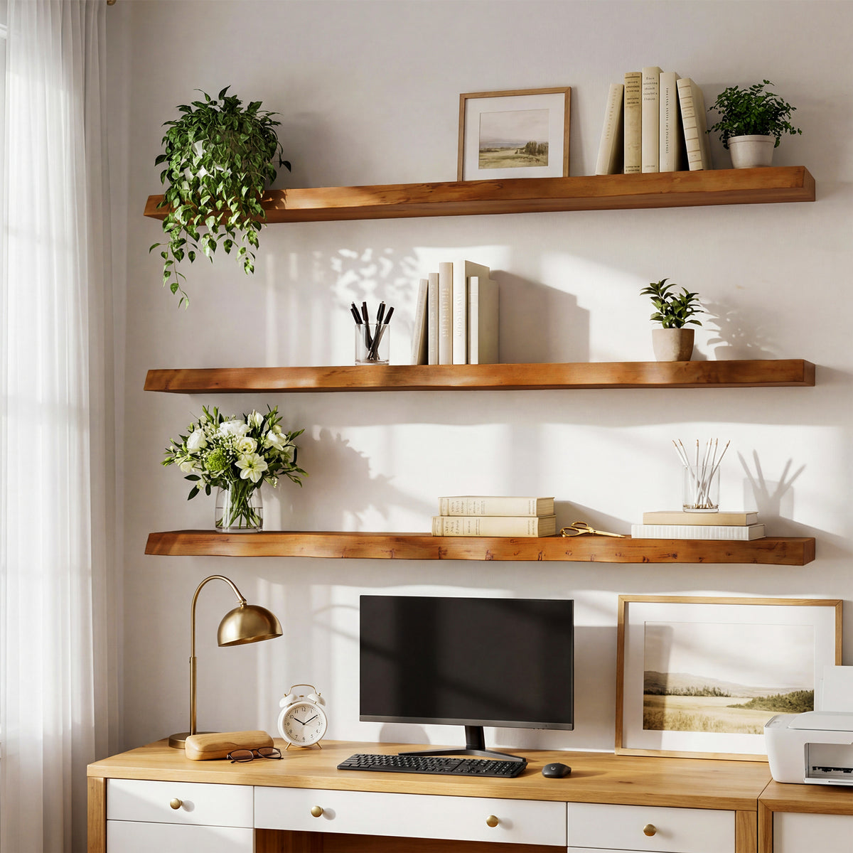 Set 3 Mensole Sospese in Legno Massello con Bordo Vivo, 120 cm, per Soggiorno e Ufficio