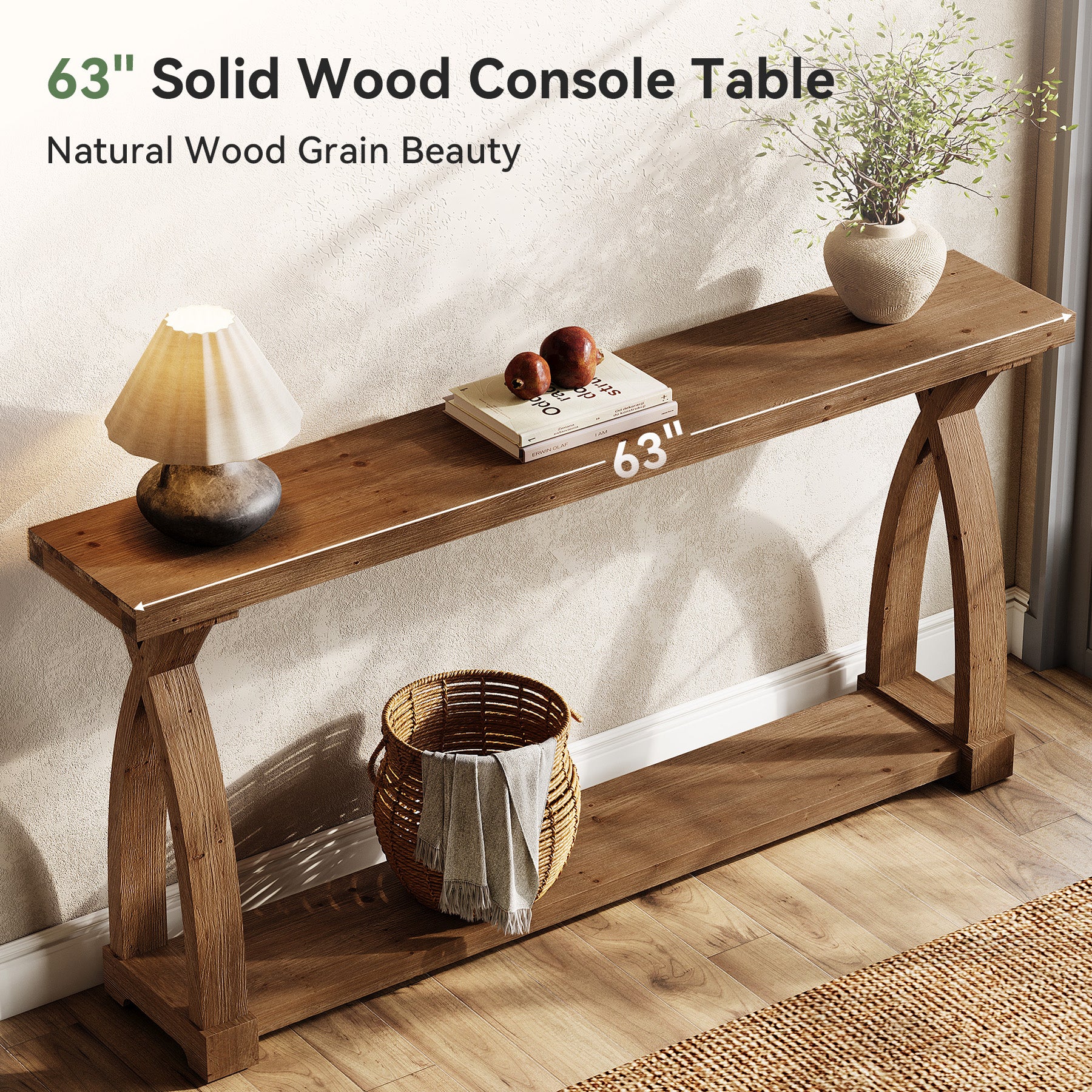 Consolle Stretta in Legno Massello a 2 Ripiani, 160 x 30 cm, per Soggiorno e Ingresso