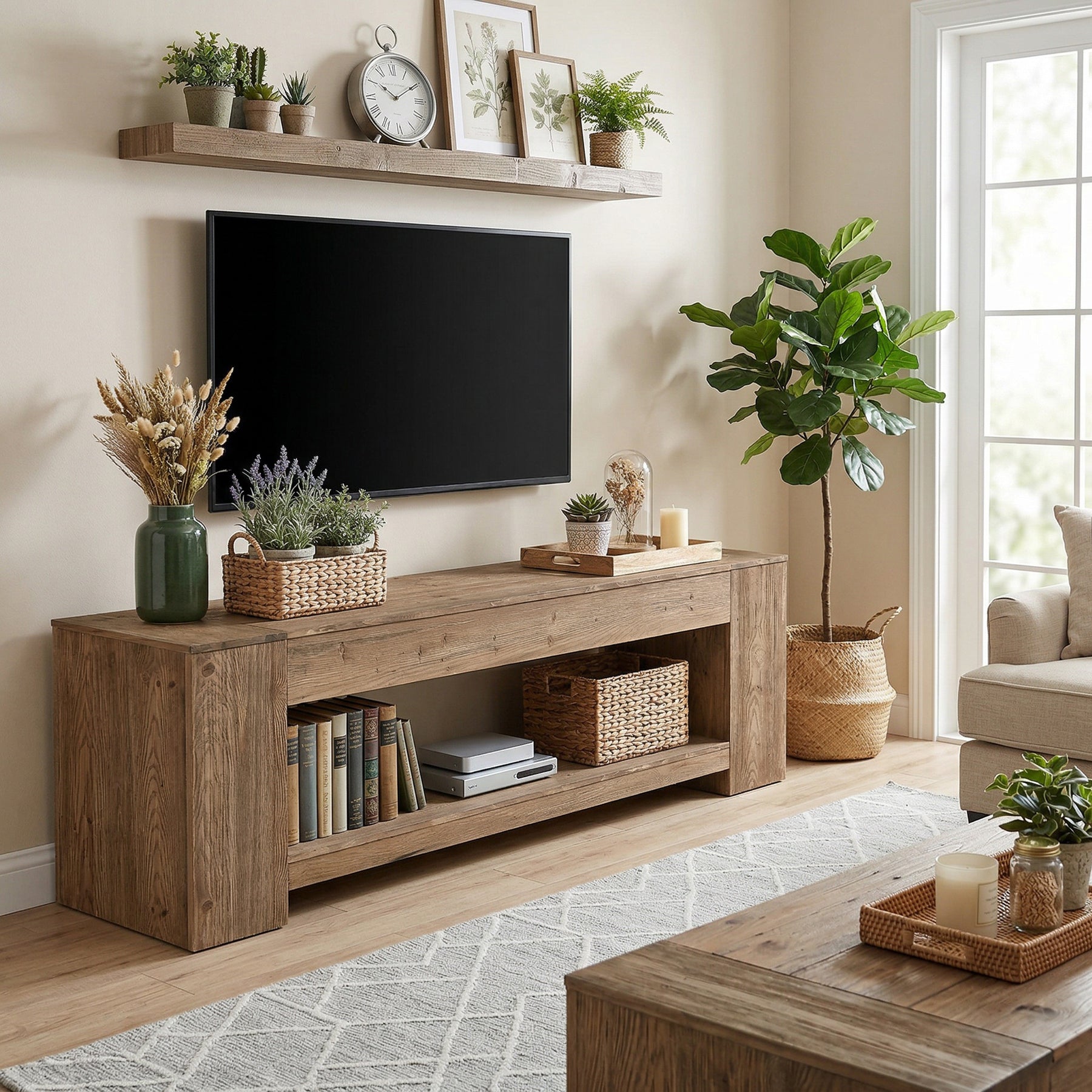 Mobile TV Rustico in Legno Massello con Vani Aperti, 160 cm, per TV fino a 75"
