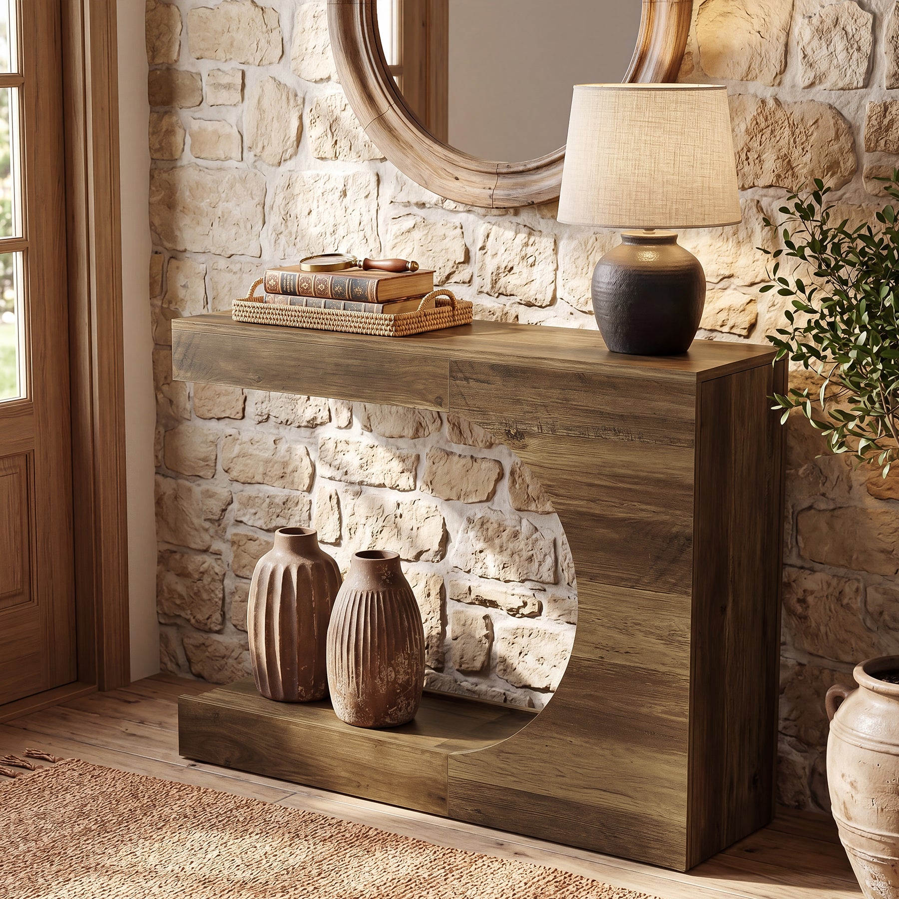 Tribesigns Consolle da 100 cm, tavolo da ingresso a forma di C con 2 ripiani, stile country moderno