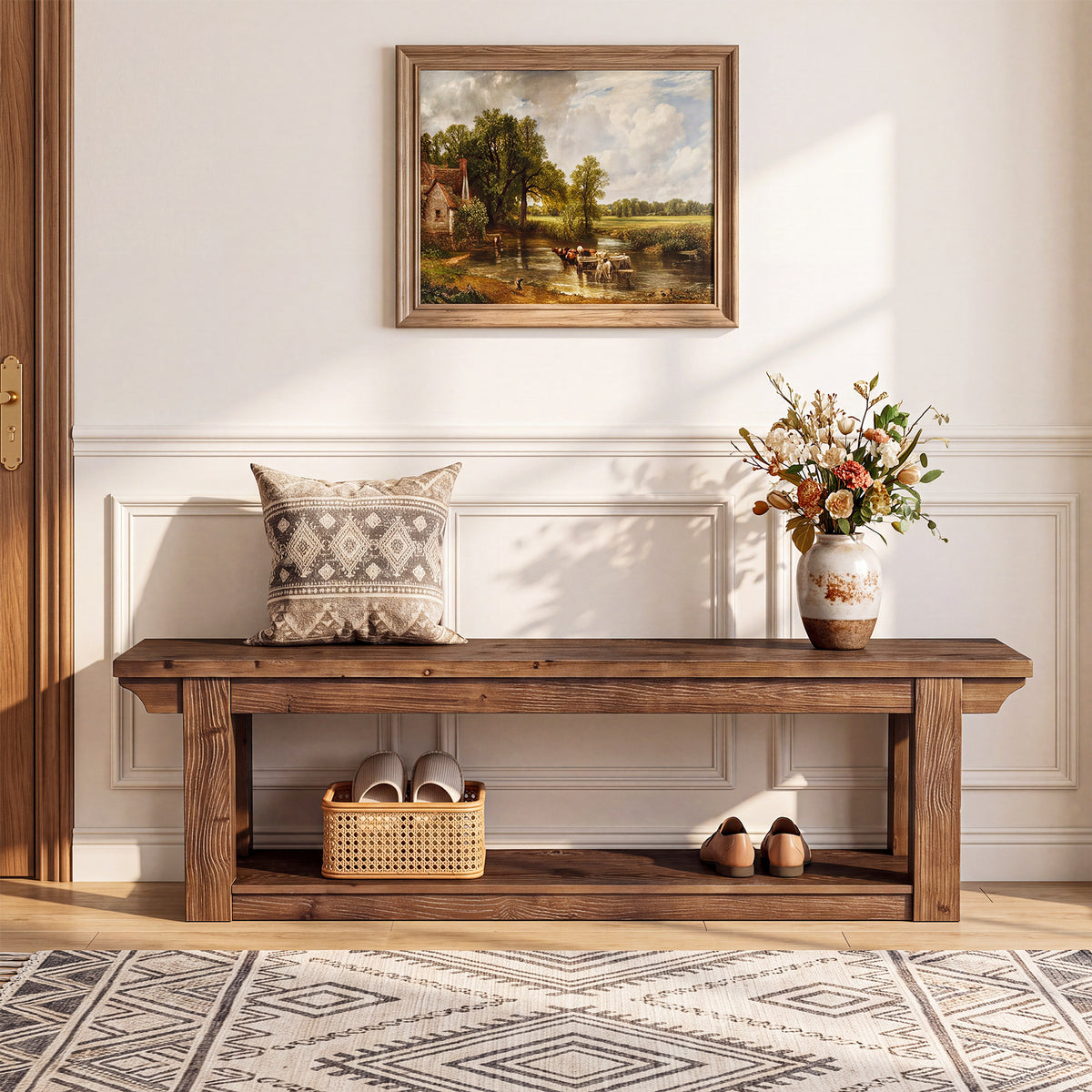 Panca Country in Legno Massello a 2 Ripiani Portascarpe, 160 cm, per Ingresso