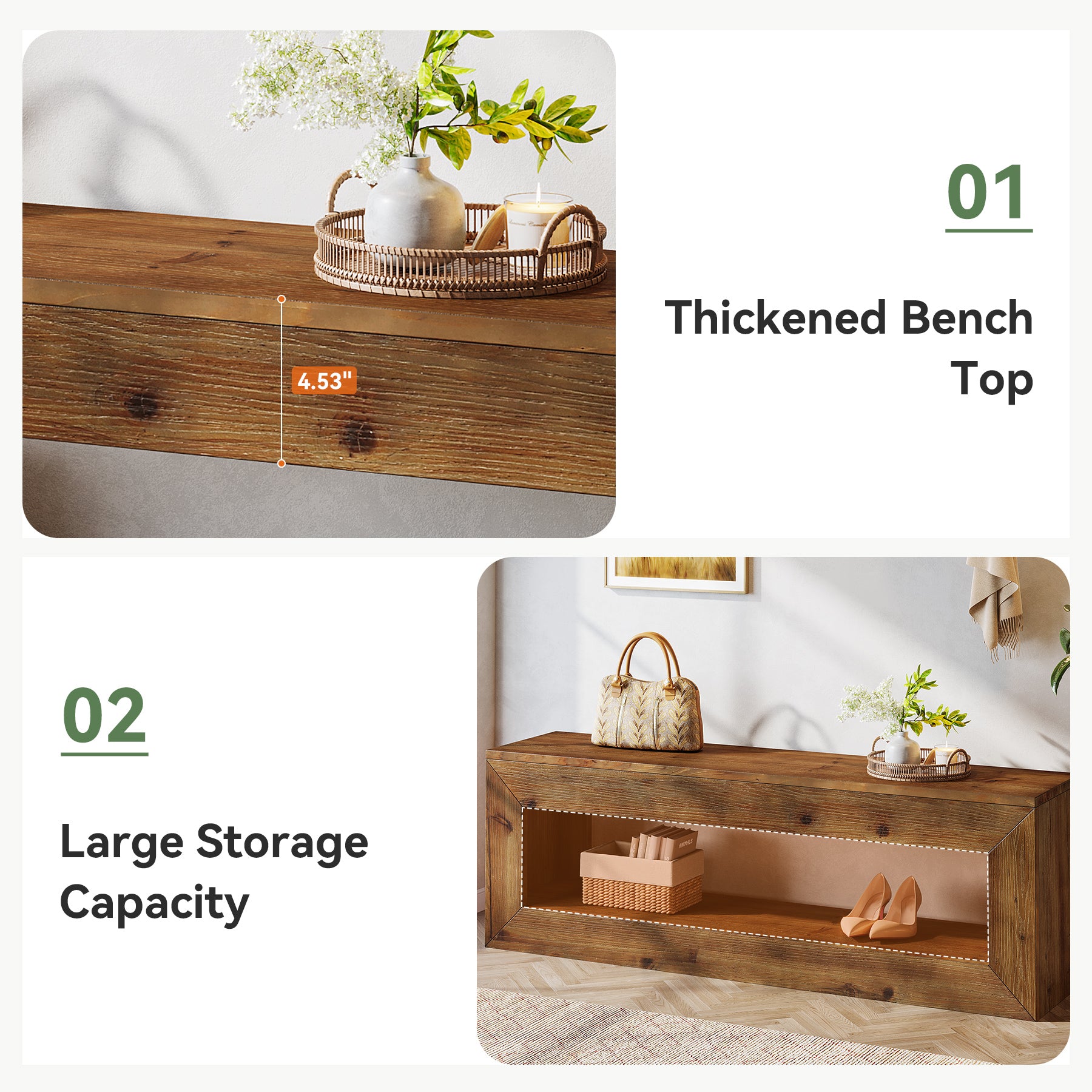 Tribesigns Panca d'ingresso in legno massello da 120 cm con ripiano contenitore, stile rustico