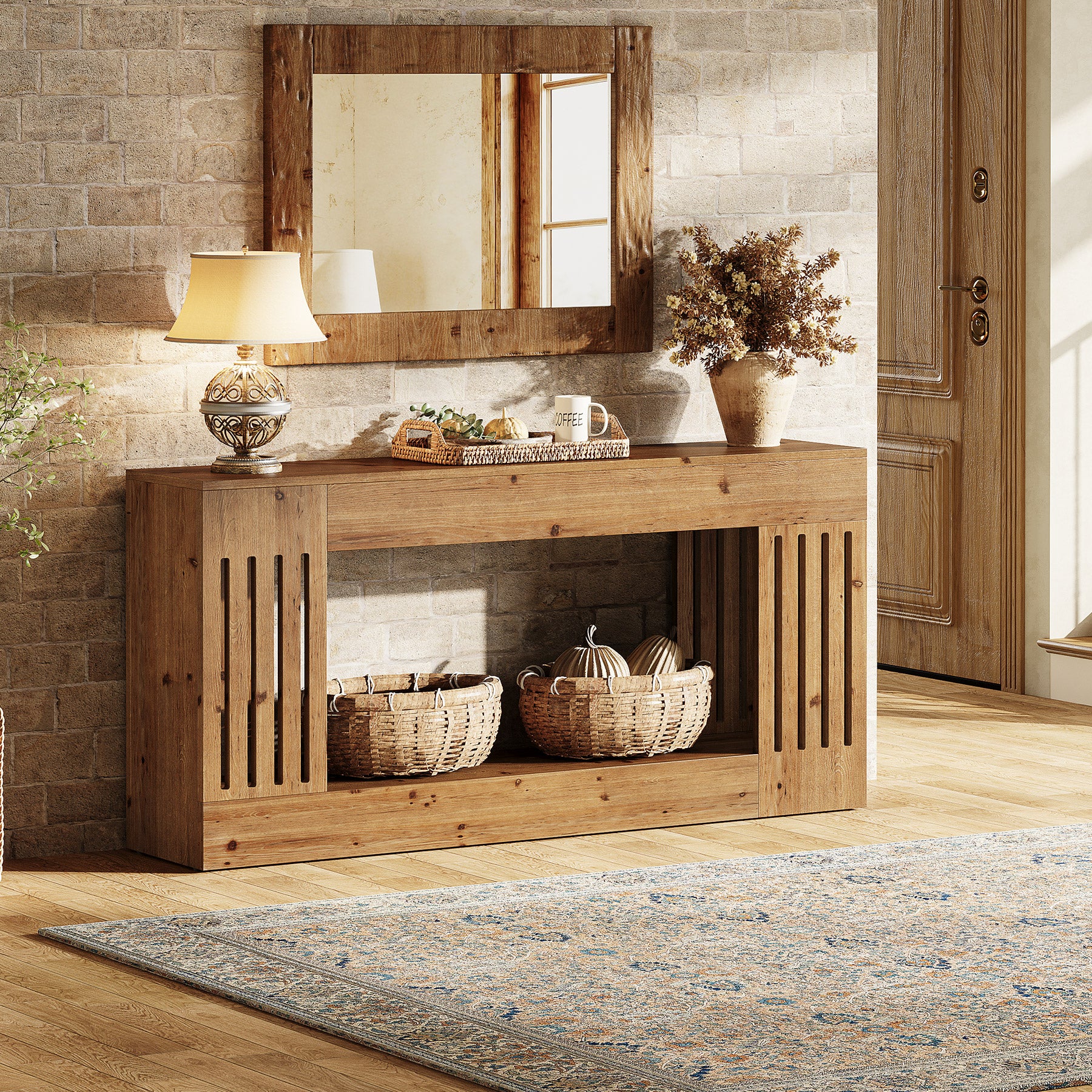 Tribesigns Tavolino da divano da 160 cm, consolle in legno massello con gambe a strisce
