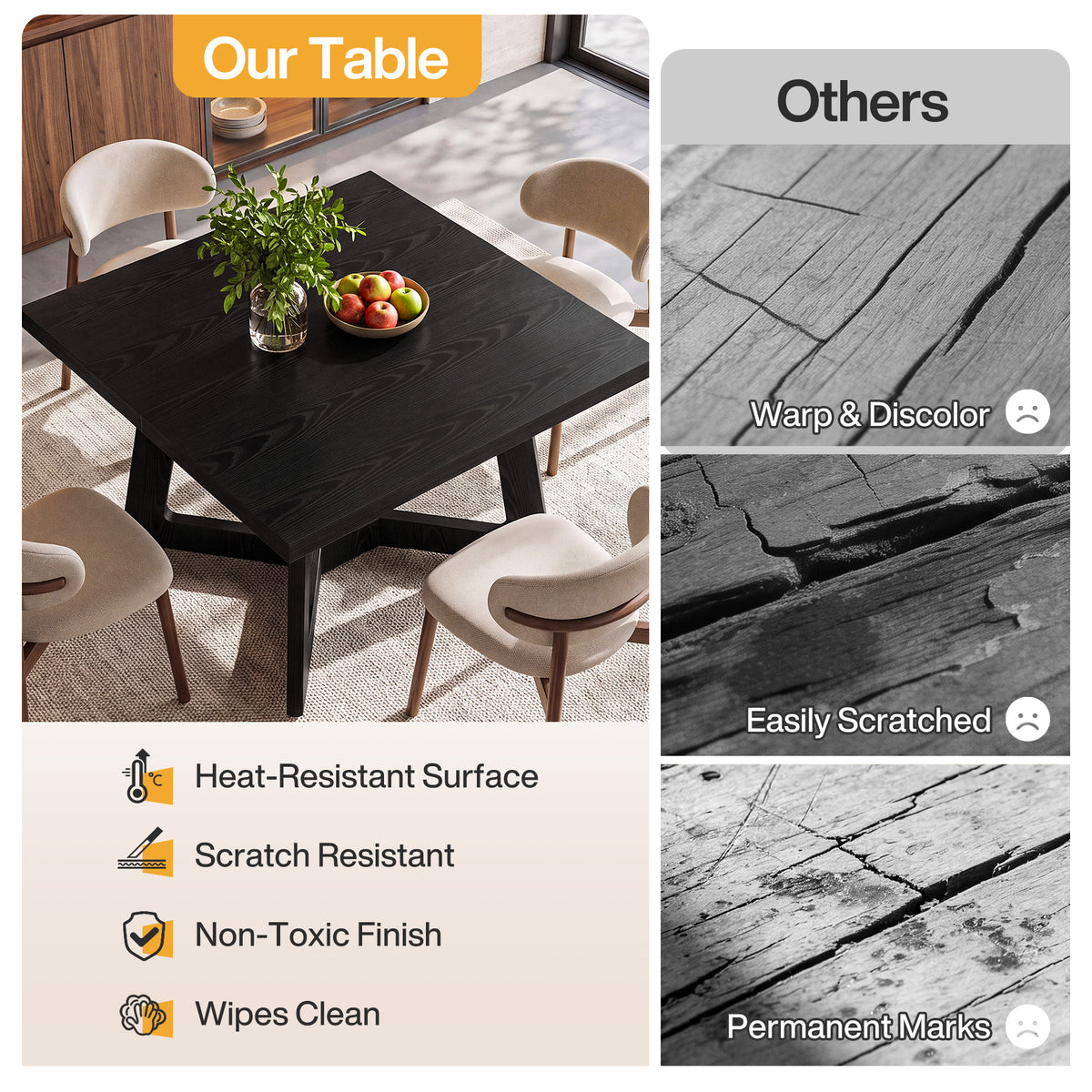 Tavolo da Pranzo Quadrato Moderno con Struttura Nera, 100 x 100 cm, per 2-4 Persone