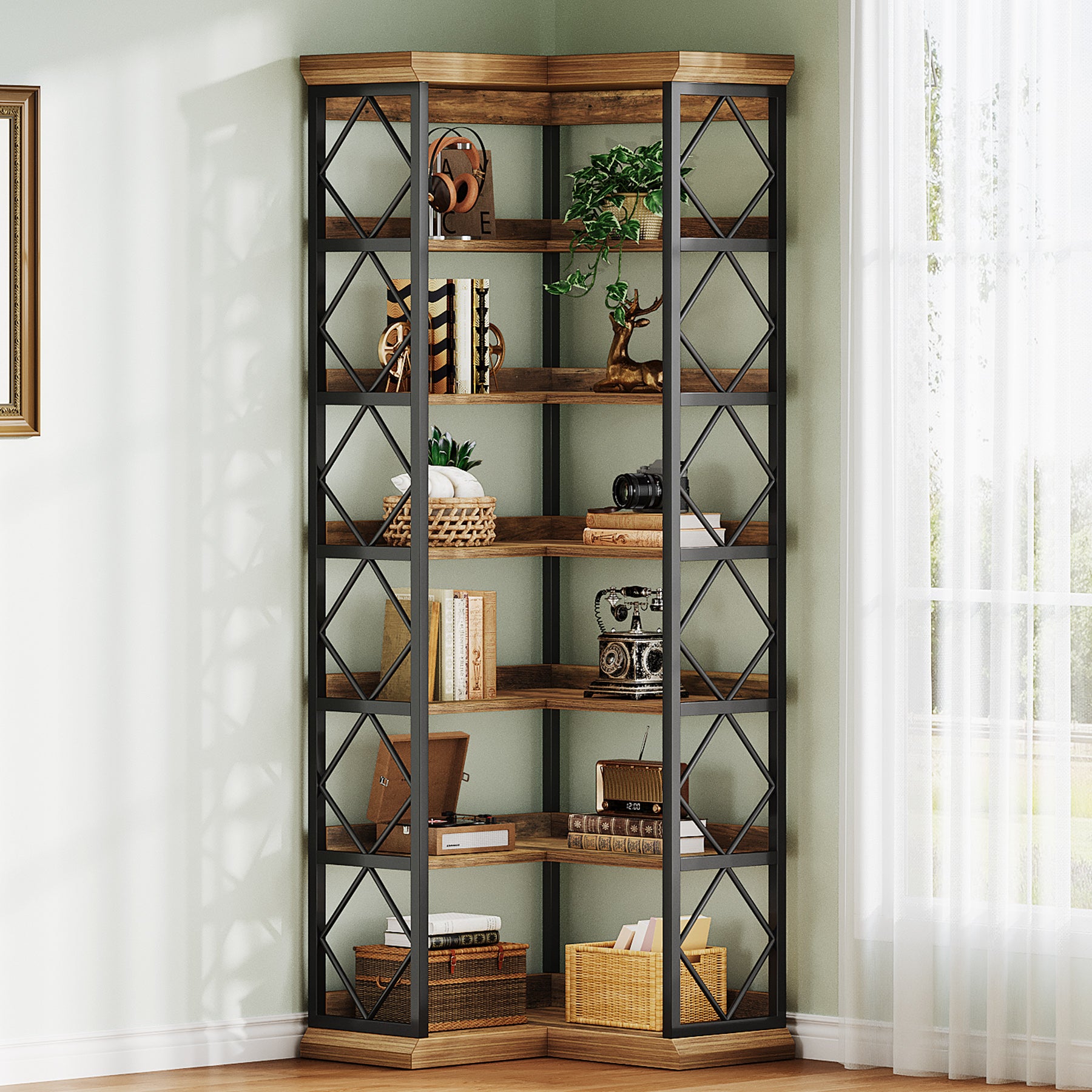 Tribesigns Libreria angolare alta 184 cm, grande libreria moderna con pannello posteriore