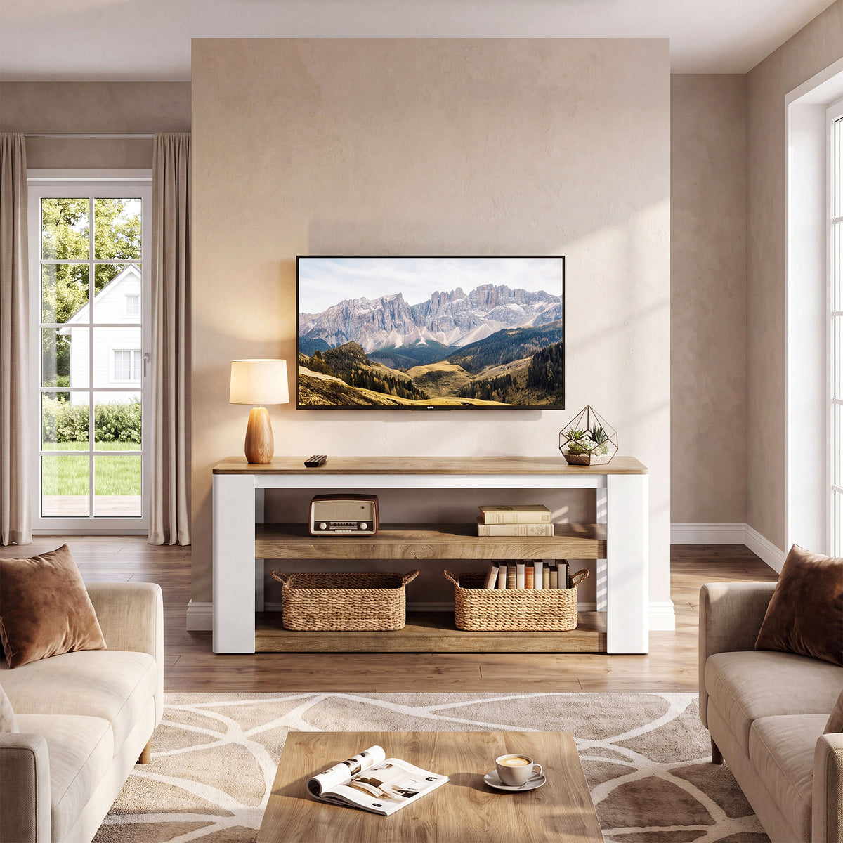 Mobile TV Moderno a 3 Ripiani con Fianchi a Lamelle, 160 cm, per TV fino a 70"