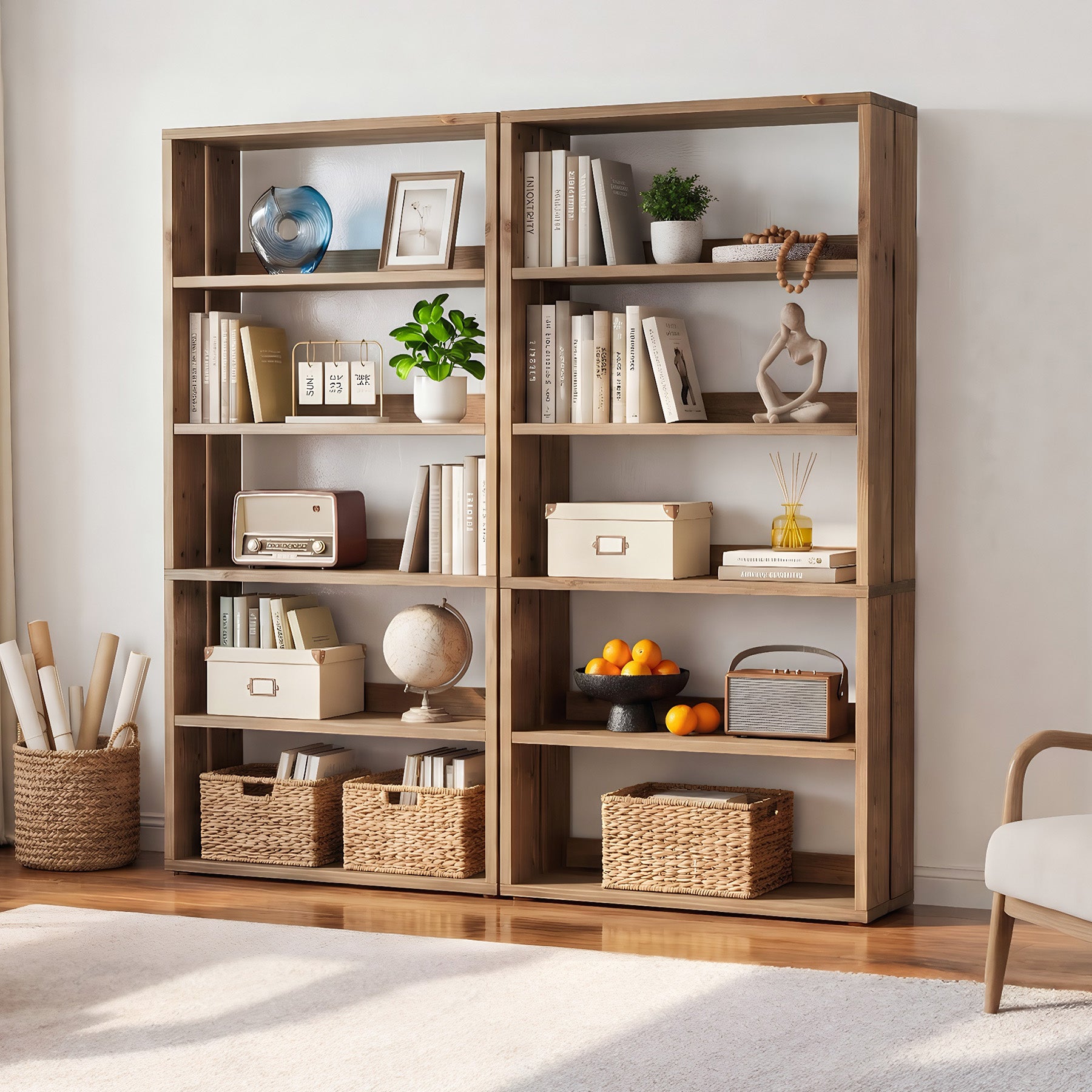 Libreria in Legno Massello a 5 Ripiani con Vani Aperti, 180 cm, Stile Country, per Soggiorno e Studio