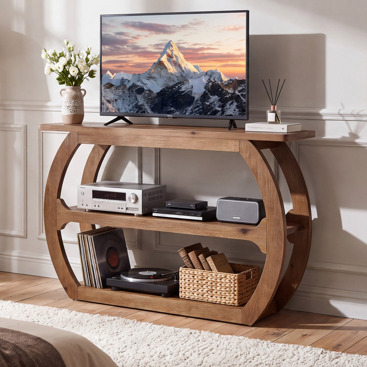 Consolle in Legno Massello con Base a O, 105 cm, per Ingresso