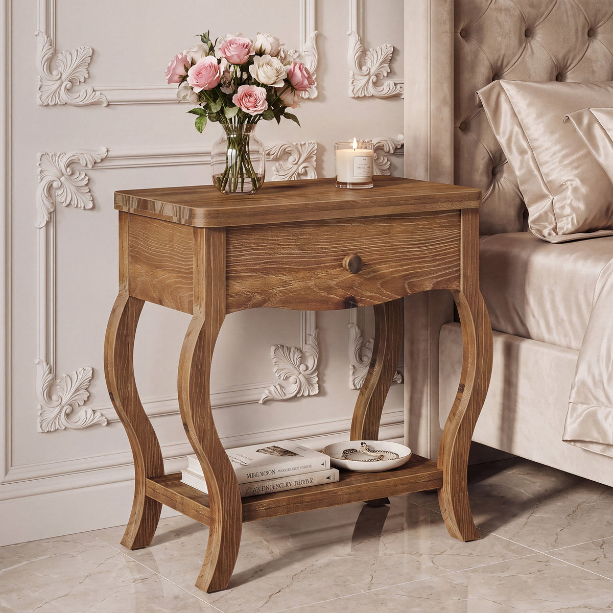 Comodino Rustico in Legno Massello con Cassetto e Ripiano, 60 cm