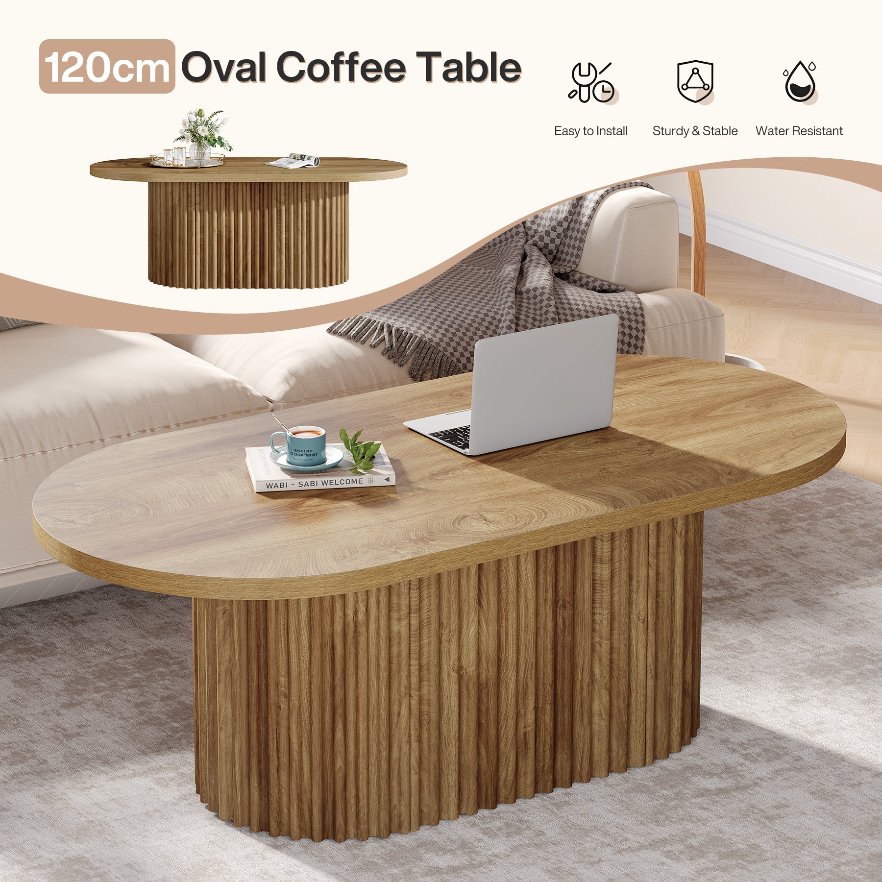 Tribesigns Tavolino ovale, 120 cm tavolino laterale con design a coste per soggiorno