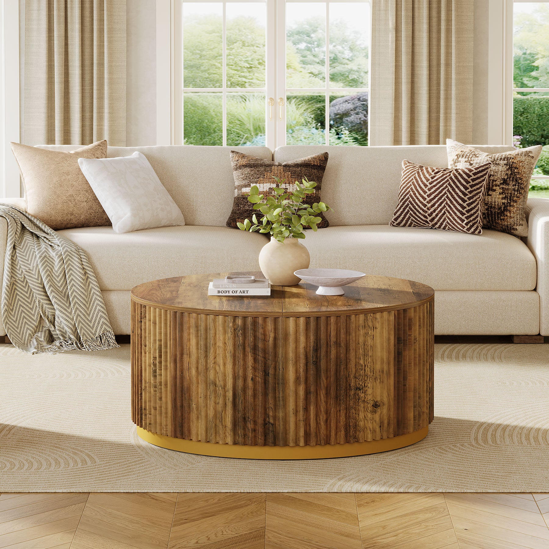 Tribesigns Tavolino rotondo da 80 cm, tavolino centrale in legno scanalato per soggiorno