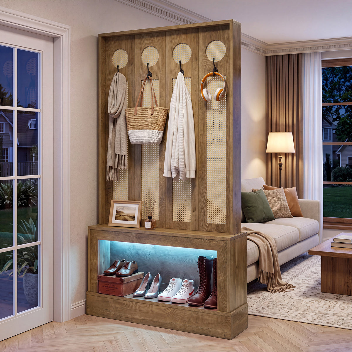 Divisorio in Rattan con Luce LED, Ripiani e 4 Ganci, 177 cm, per Soggiorno