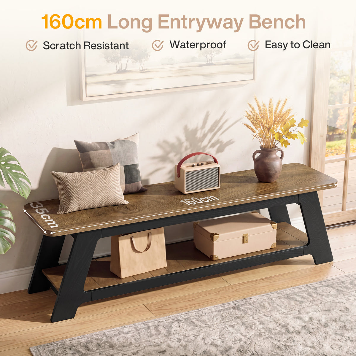 Panca Country in Legno con Ripiano Portascarpe, 160 cm, per Ingresso