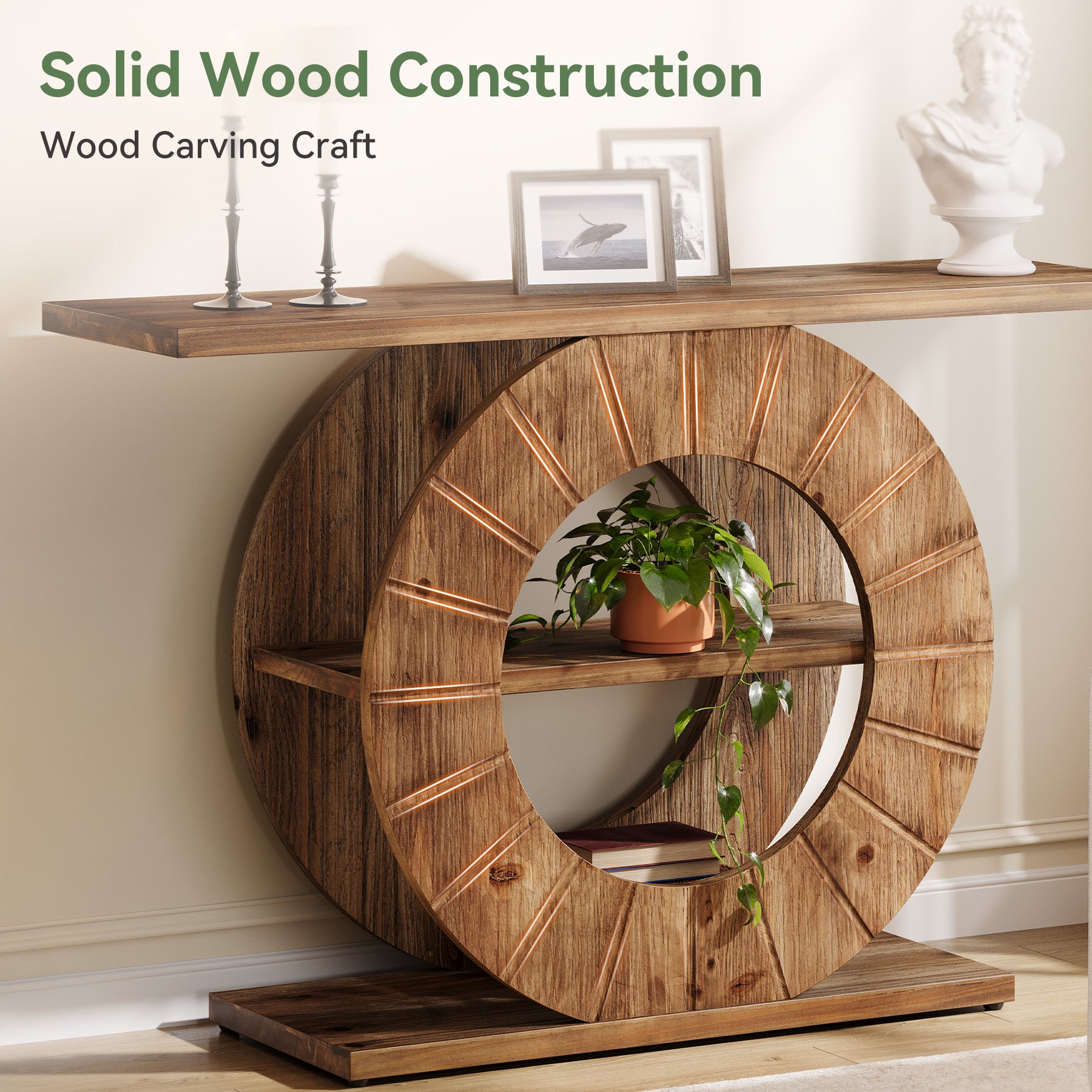 Tribesigns Consolle in legno massello da 105 cm, tavolino a 3 ripiani con base circolare intagliata