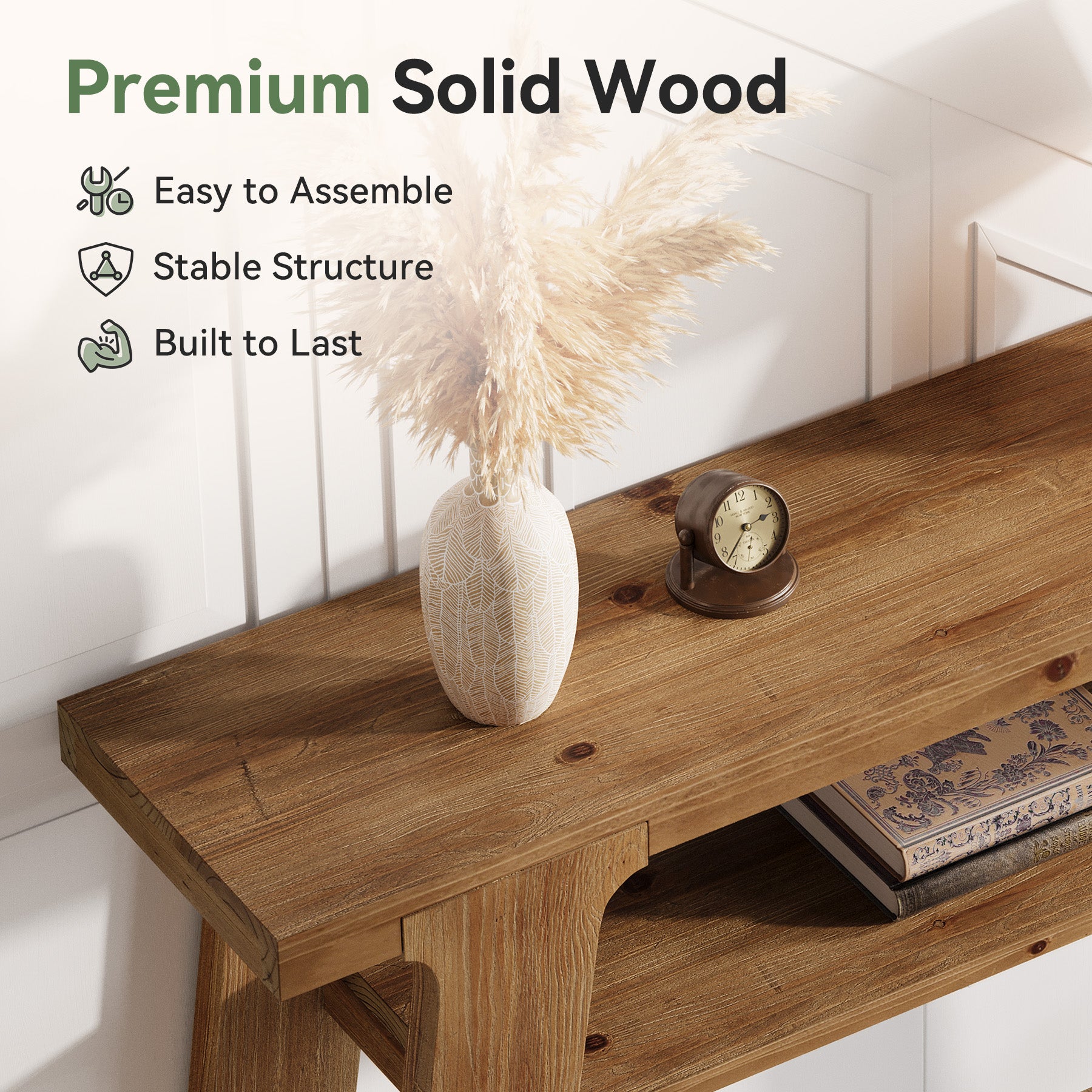 Tribesigns Consolle stretta da 120 cm, tavolino da divano in legno massello con 2 ripiani