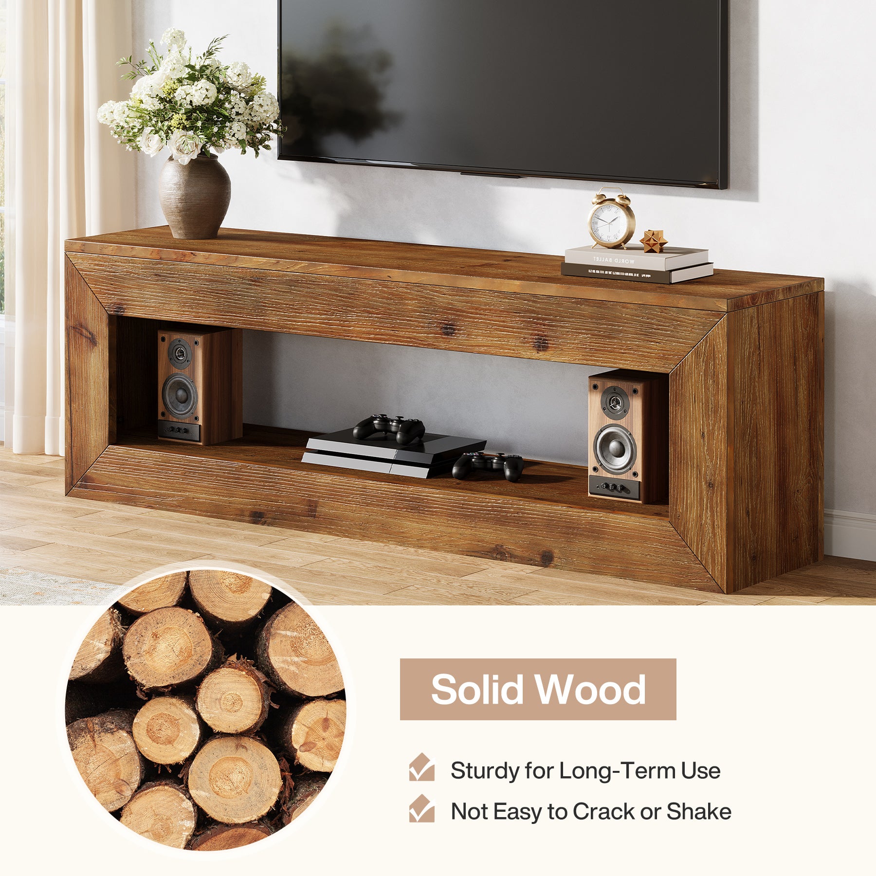 Tribesigns Mobile TV da 120 cm in legno massello con contenitore, mobile basso rustico per apparecchiature multimediali