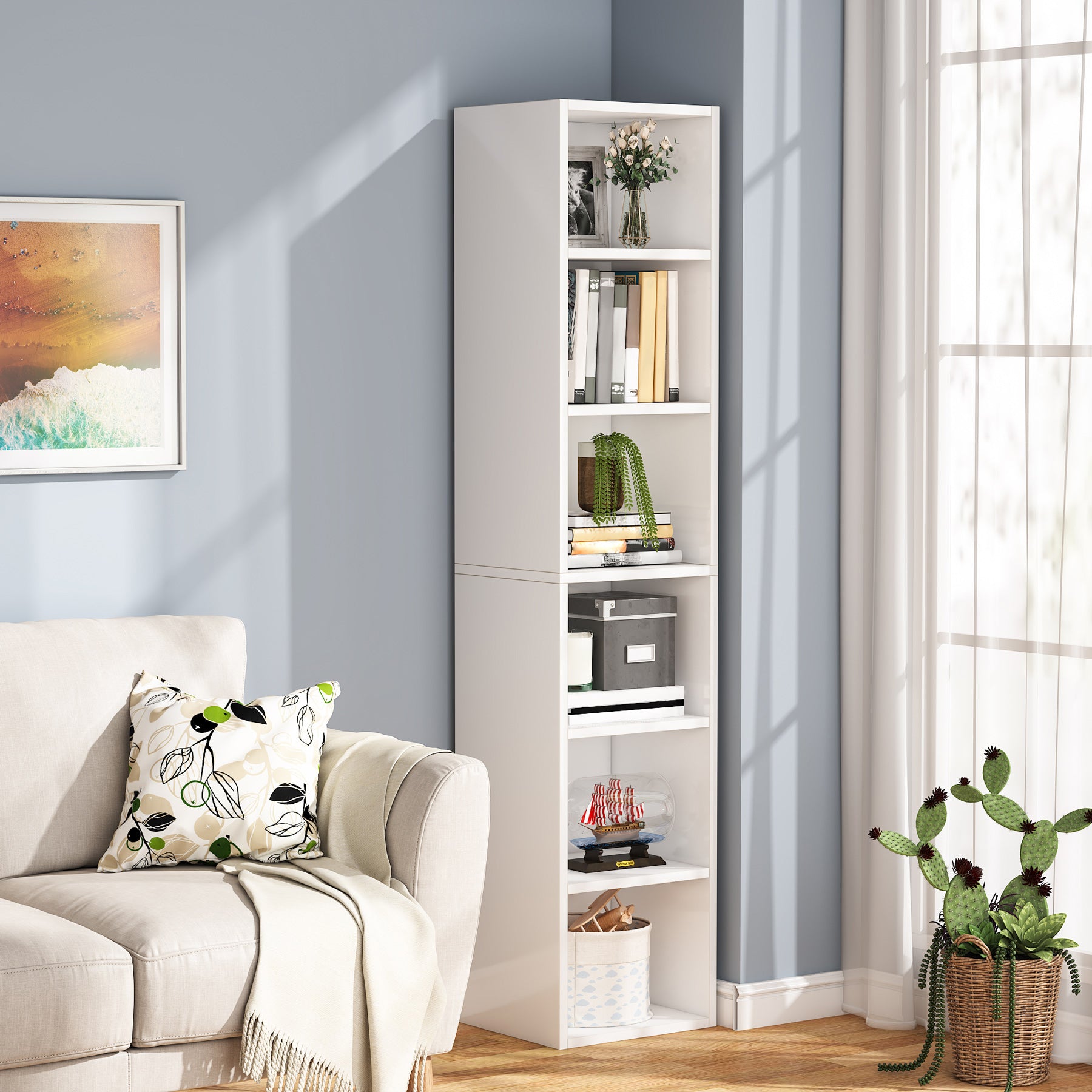 Tribesigns Libreria alta 180 cm, libreria angolare stretta con cubo espositivo a 6 ripiani
