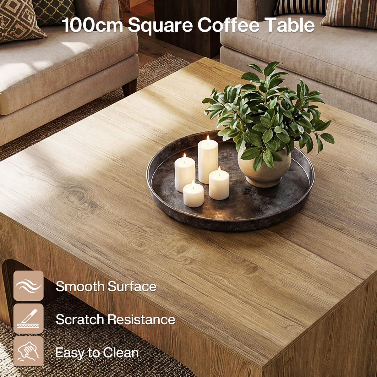 Tavolino da Salotto Quadrato Country in Legno con Design Curvato, 100 x 100 cm, per Soggiorno