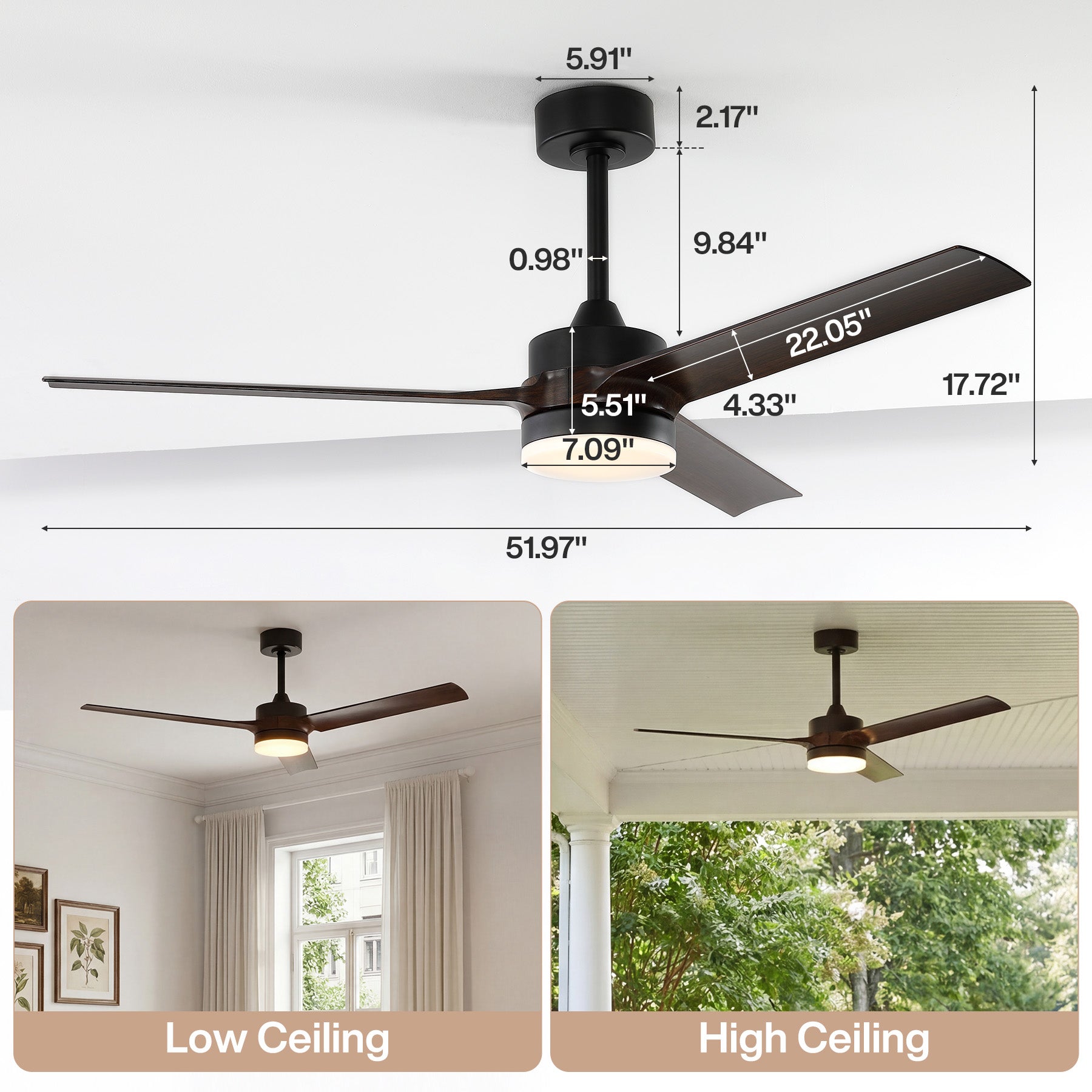 Tribesigns Ventilatore da soffitto da 130 cm con luce, illuminazione LED dimmerabile e ventola reversibile con motore DC silenzioso, telecomando, ventilatore da soffitto intelligente a 3 pale per soggiorno