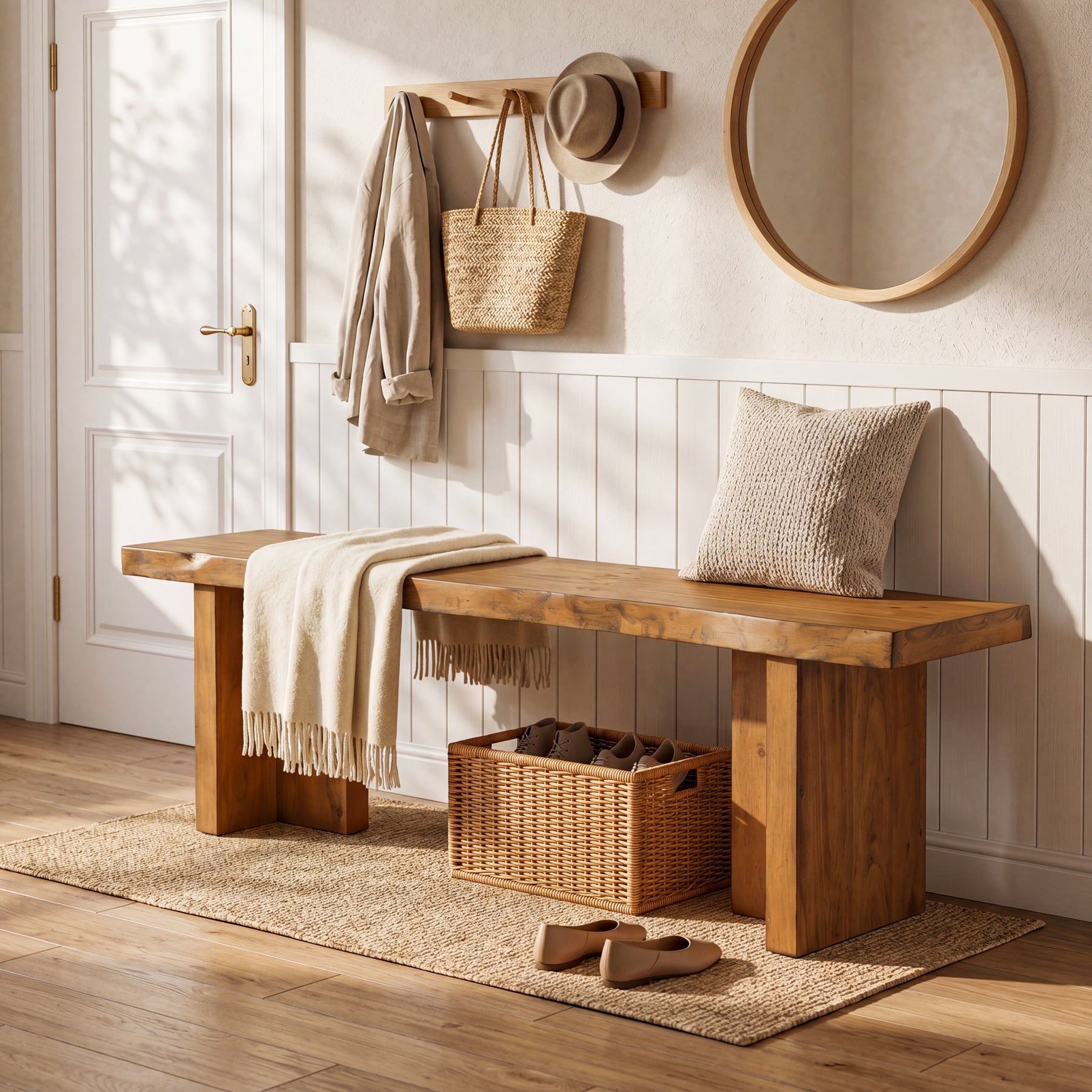 Panca Portascarpe in Legno Massello, 140 cm, per 2-3 Persone, per Ingresso e Corridoio