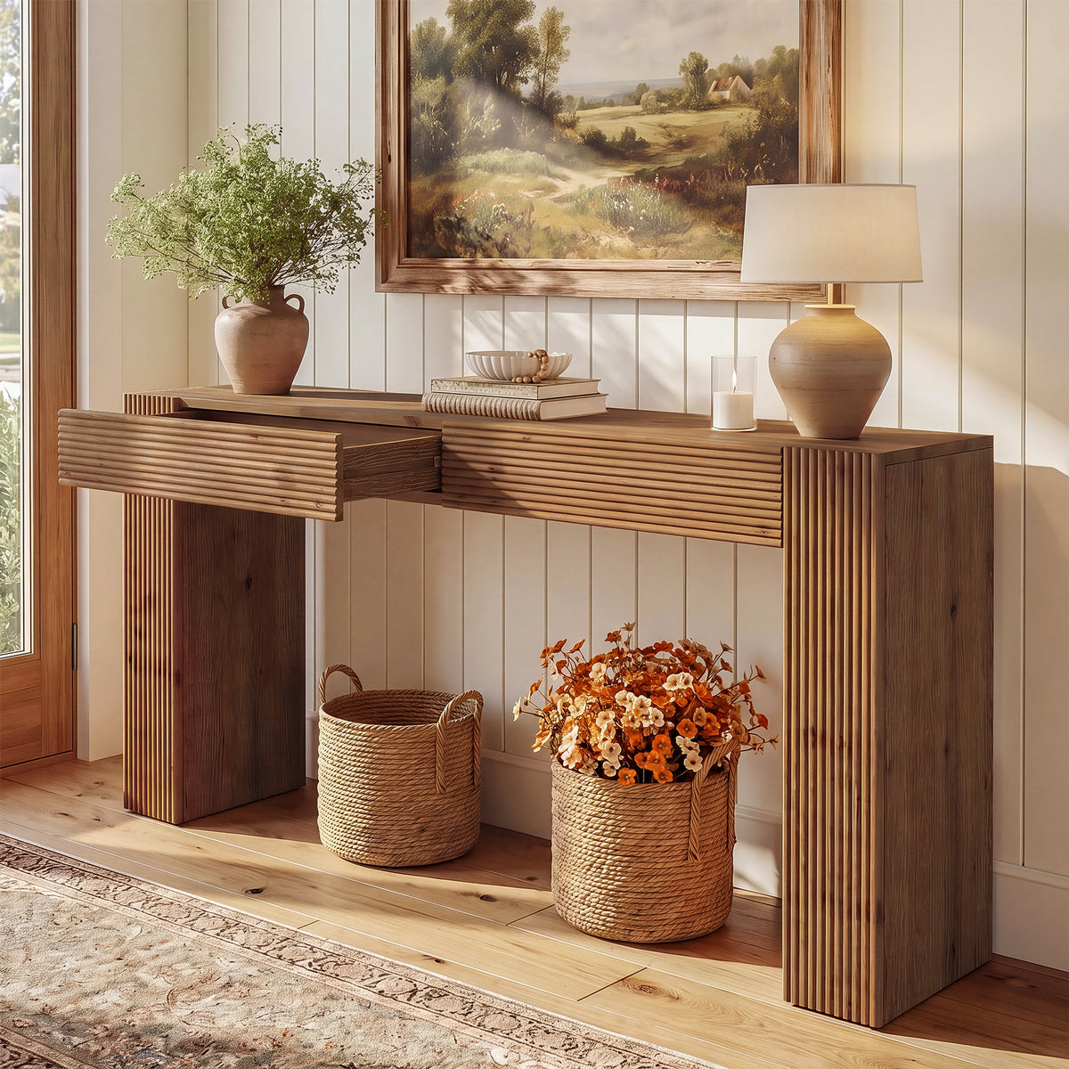 Consolle Country in Legno Massello con 2 Cassetti e Scanalature, 160 cm, per Ingresso