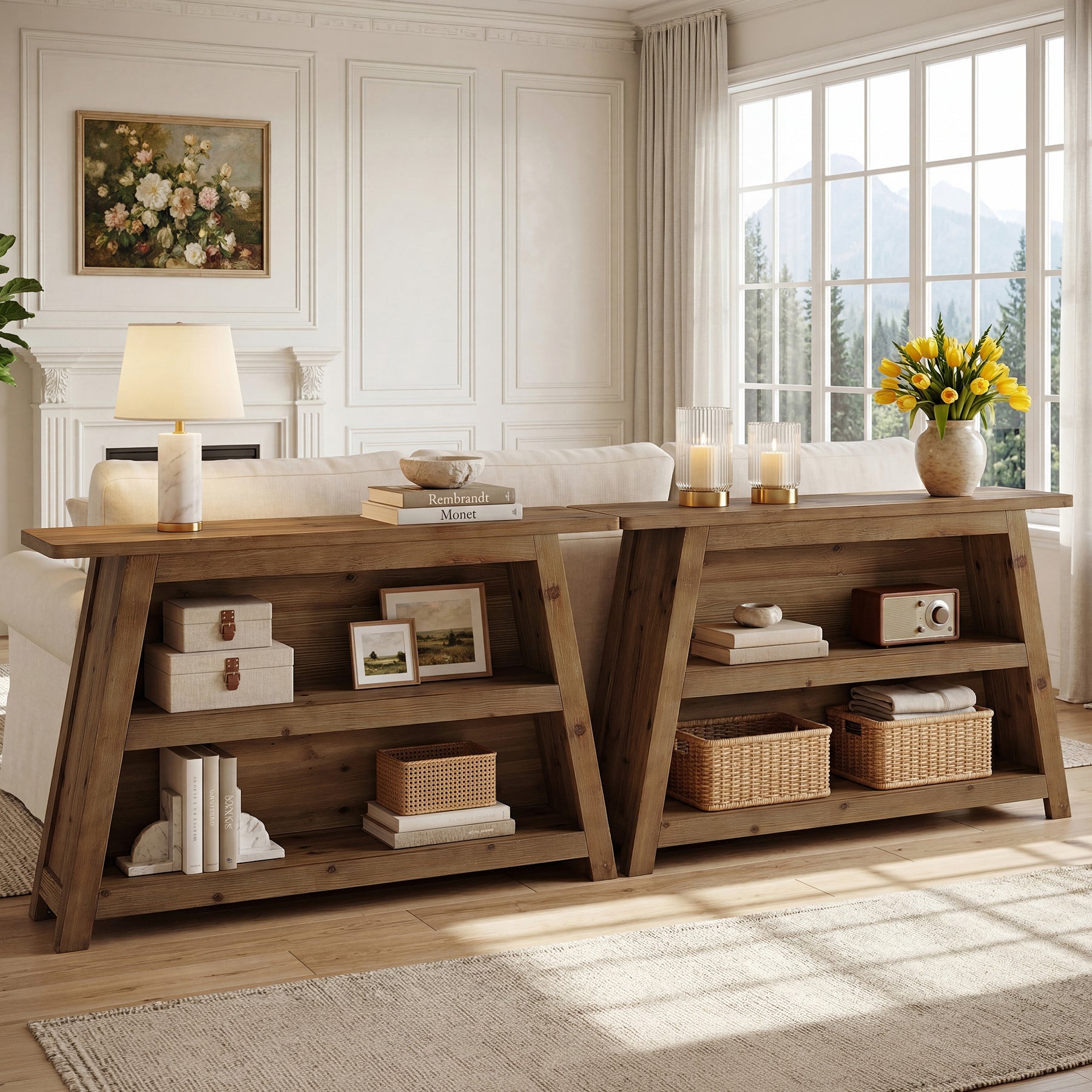 Tribesigns Consolle in legno massello da 120 cm, tavolo a 3 ripiani in stile rustico per ingresso e corridoio