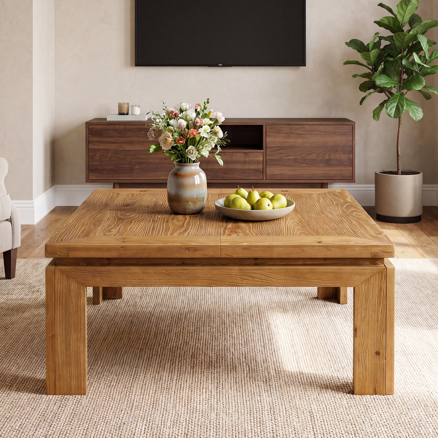 Tribesigns Tavolino da caffè quadrato da 100 cm in legno massello con bordo incassato, stile rustico, ideale per il soggiorno