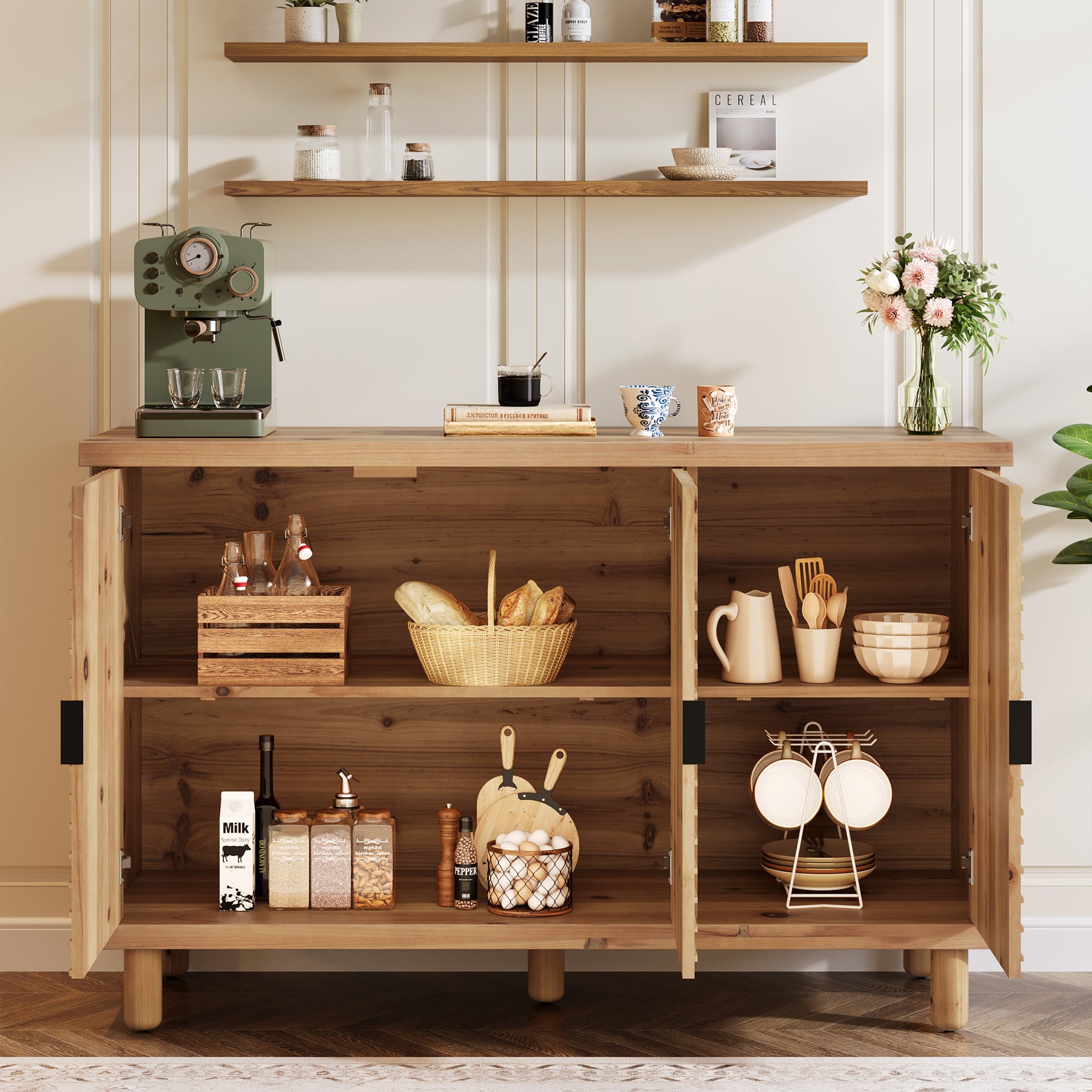 Tribesigns Credenza in legno massello con vano contenitore, Mobile in stile rustico con 3 ante e 2 ripiani regolabili