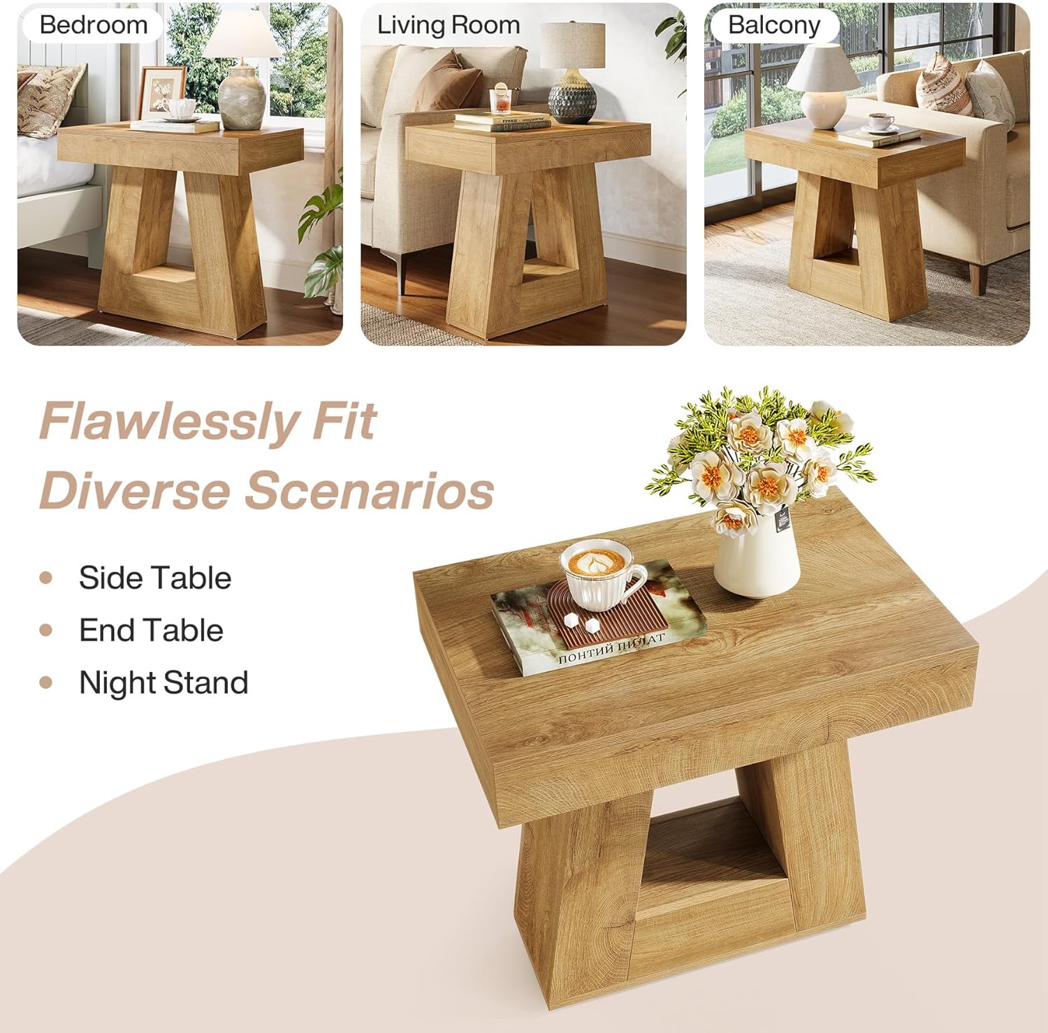 Tribesigns Tavolino laterale da 60 cm, moderno comodino a 2 livelli con base trapezoidale