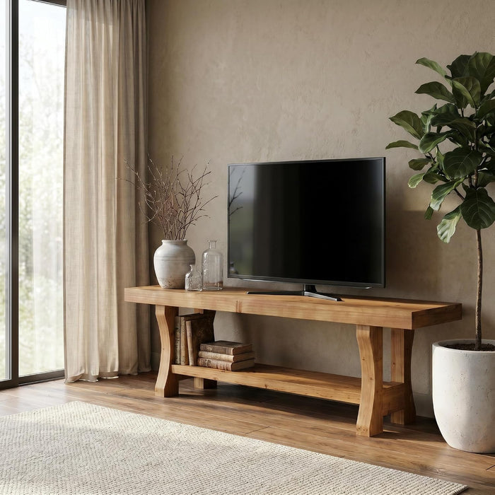 Tribesigns Mobile TV basso in legno massello, 140 cm con 2 ripiani e vani a giorno