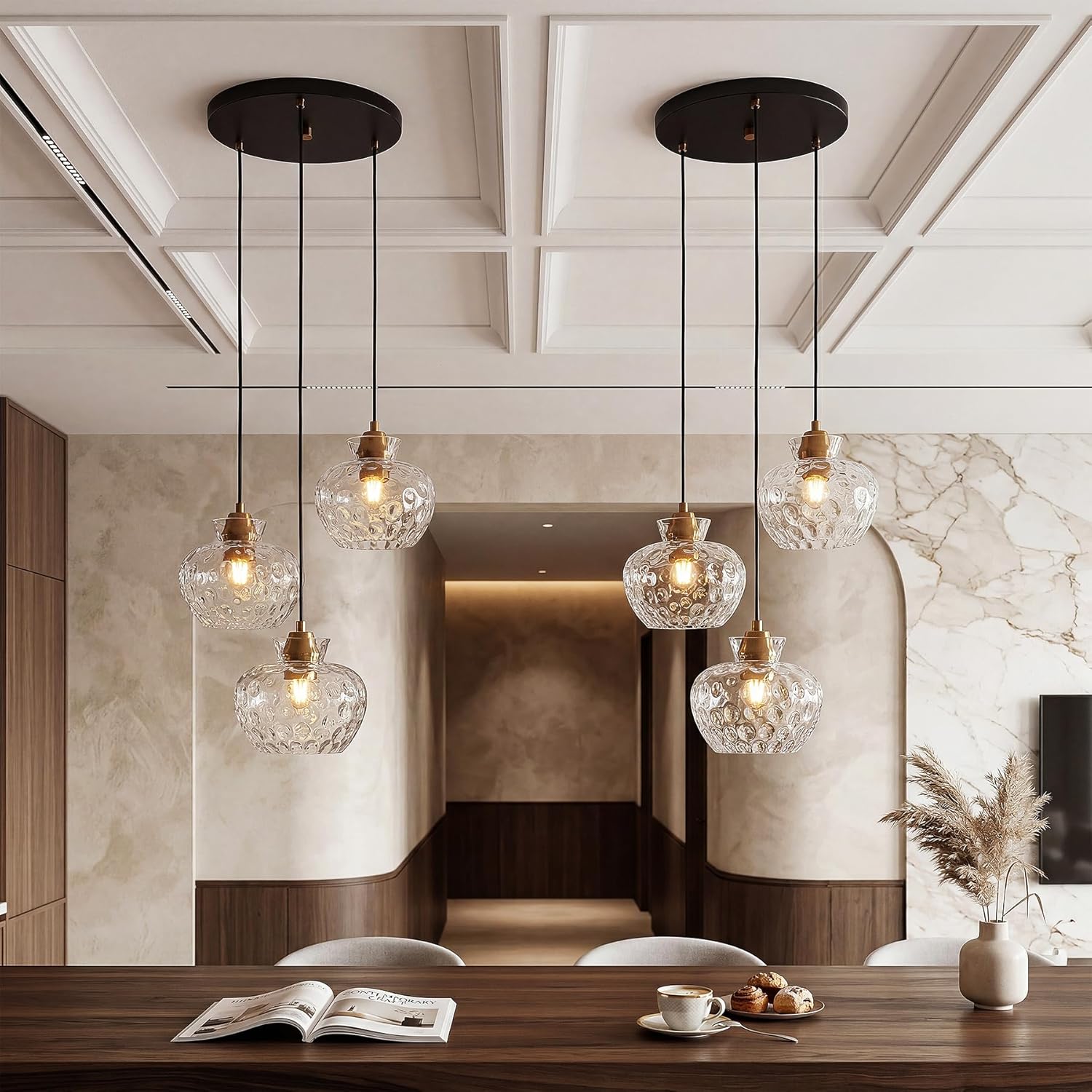 Tribesigns Lampada a Sospensione 3 Luci, Lampadario da Sala da Pranzo con Paralumi in Vetro Ondulato, Altezza Regolabile(Lampadine Non Incluse)
