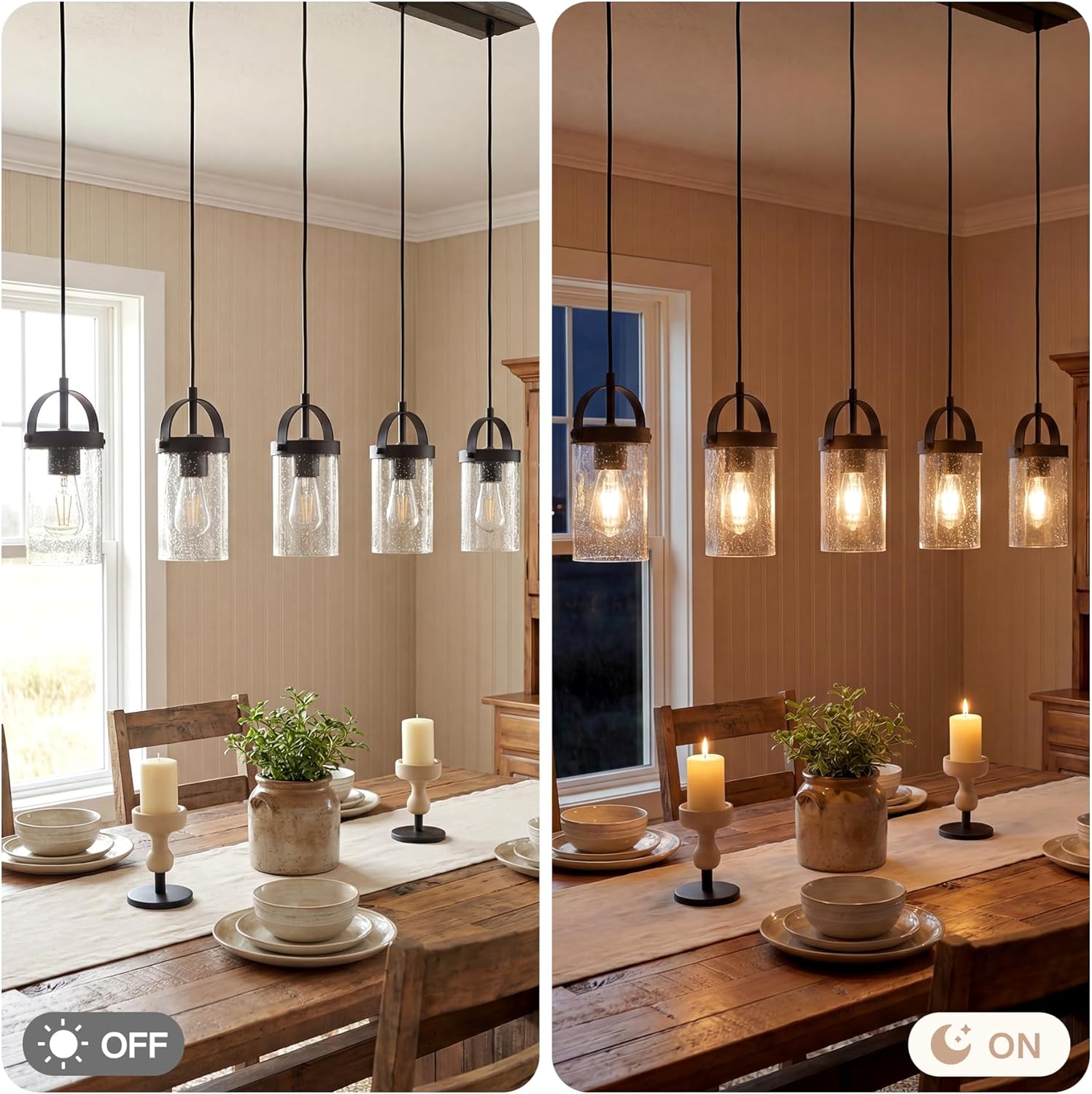 Tribesigns Lampadario lineare nero a 5 luci, lampada per isola cucina con paralumi in vetro soffiato, altezza regolabile, attacco E27